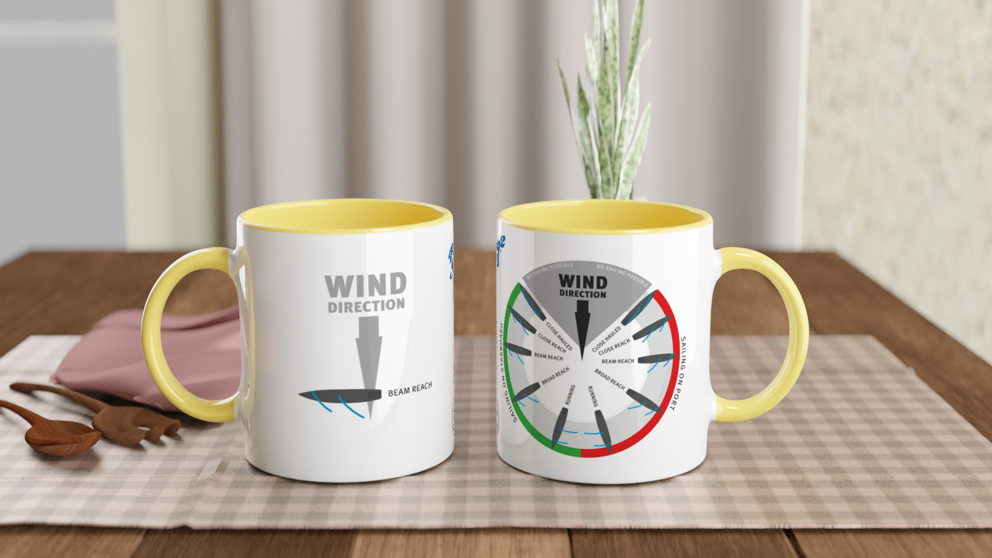 The picture shows the left and right side view of two 11oz ceramic mugs "POINTS OF SAIL: BEAM REACH (4)" from the series SAILING #TAGMUG™ with yellow color inside