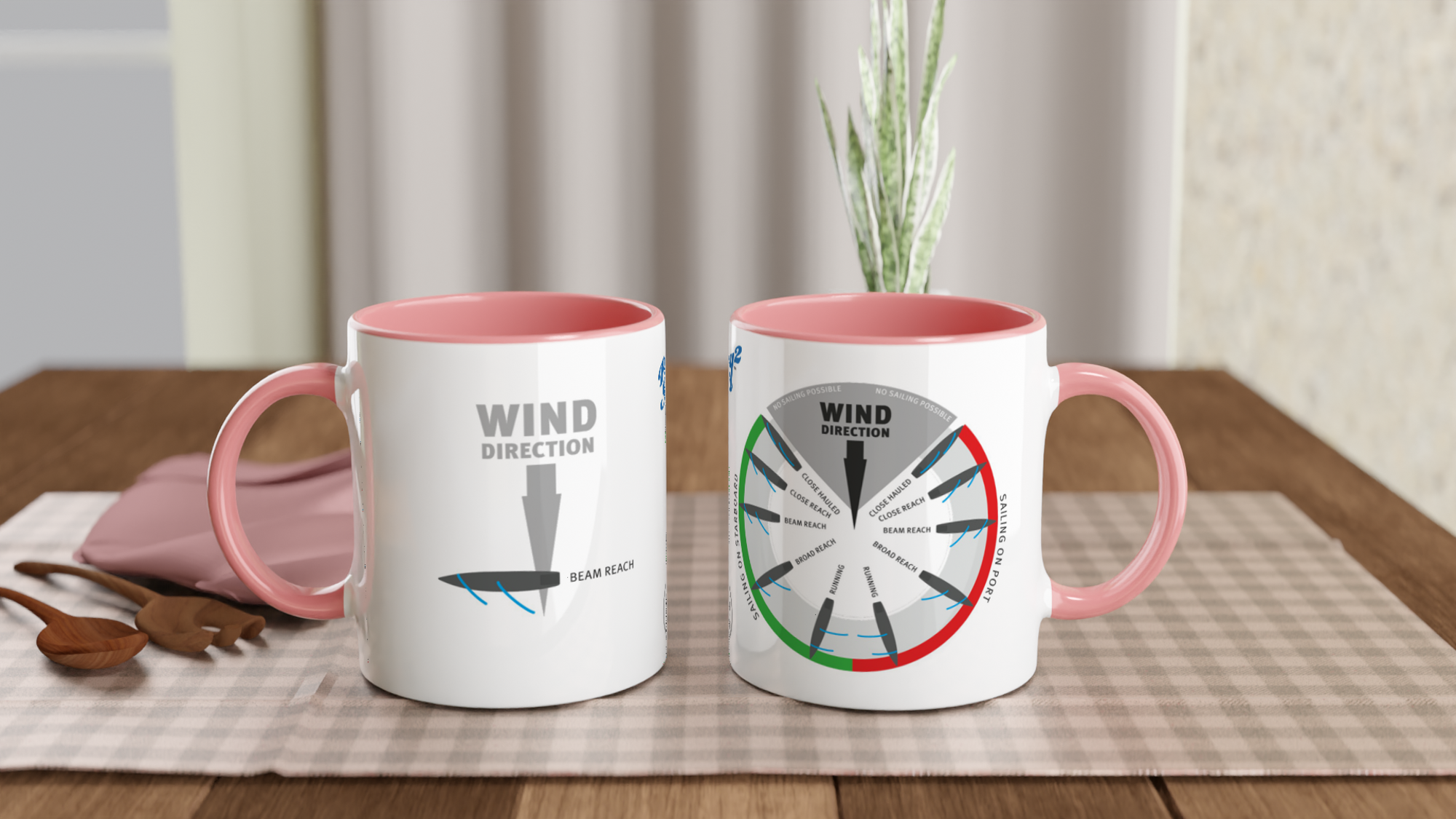 The picture shows the left and right side view of two 11oz ceramic mugs "POINTS OF SAIL: BEAM REACH (4)" from the series SAILING #TAGMUG™ with pink color inside