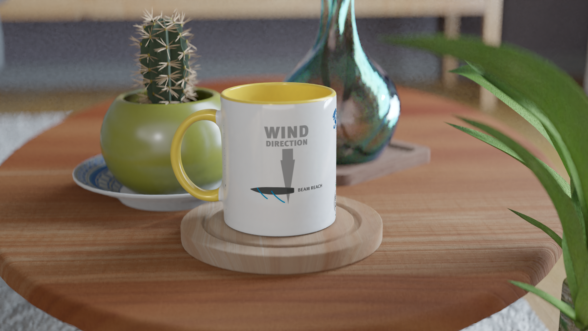 The picture shows a left side view of the 11oz ceramic mug "POINTS OF SAIL: BEAM REACH (4)" from the series SAILING #TAGMUG™ with yellow color inside on a contemporary kitchen table