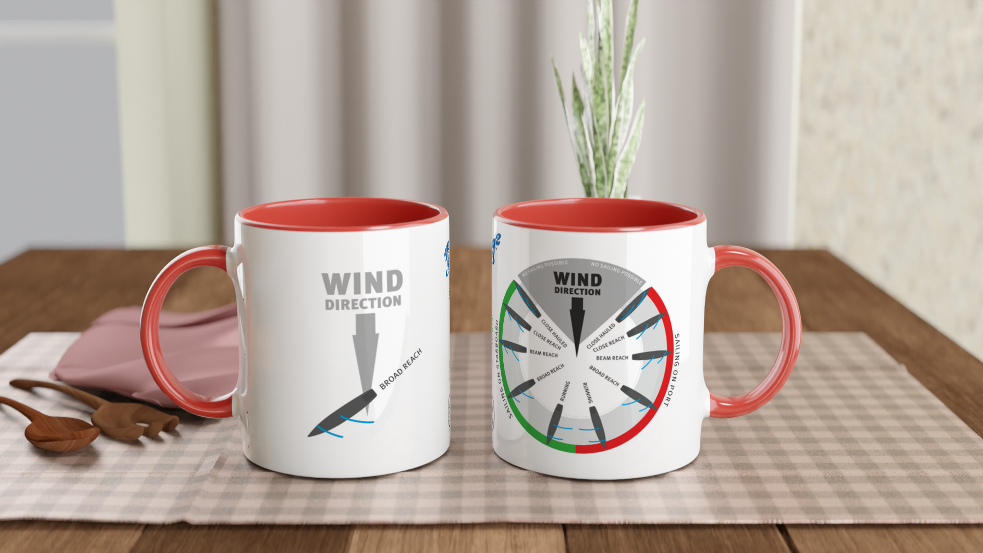 The picture shows the left and right side view of two 11oz ceramic mugs "POINTS OF SAIL: BROAD REACH (5)" from the series SAILING #TAGMUG™ with red color inside