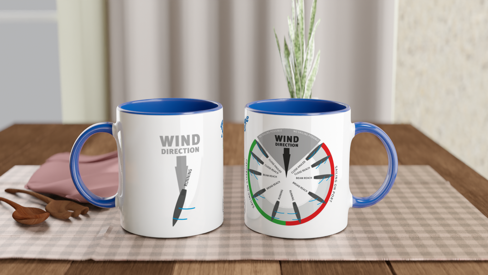 The picture shows the left and right side view of two 11oz ceramic mugs "POINTS OF SAIL: RUNNING (6)" from the series SAILING #TAGMUG™ with blue color inside