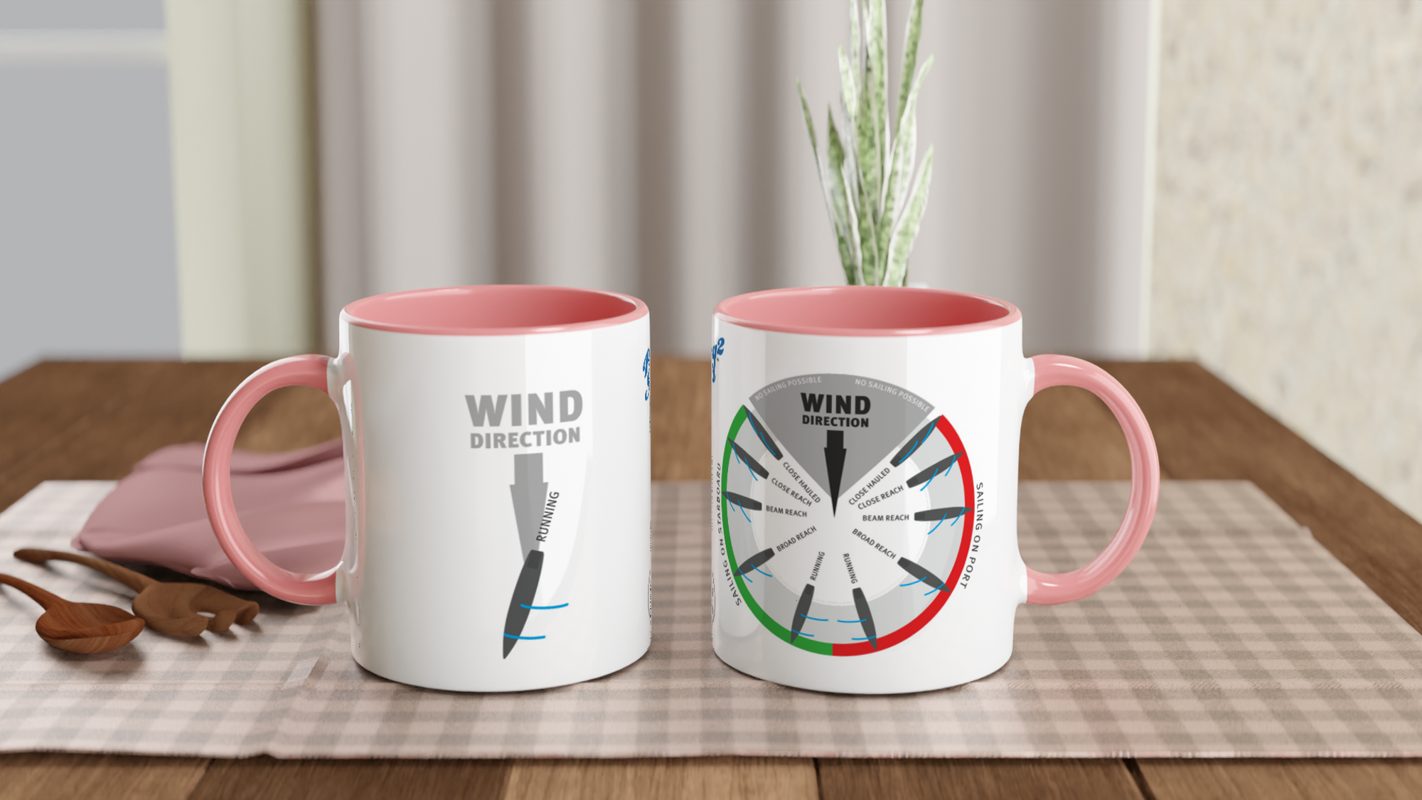 The picture shows the left and right side view of two 11oz ceramic mugs "POINTS OF SAIL: RUNNING (6)" from the series SAILING #TAGMUG™ with pink color inside