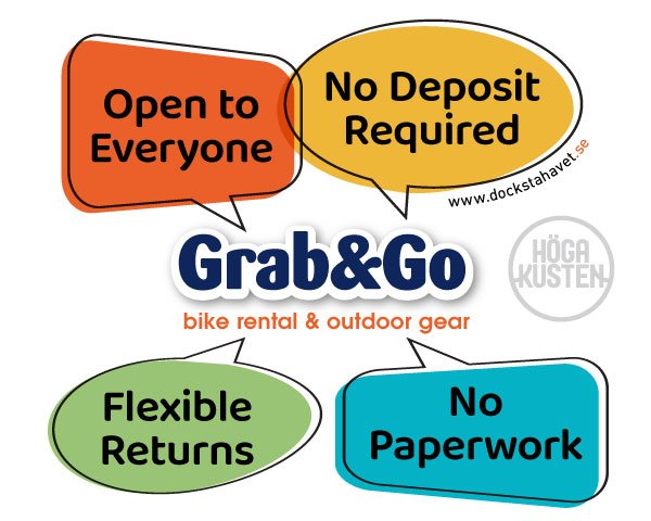 Grab&Go outdoor gear rental in Docksta, Höga Kusten — bike rental, daypacks and hammock kits (no deposit, no paperwork)