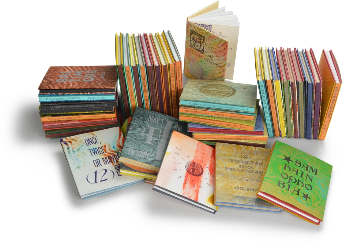 These are some of the more than 60 different meander books produced since 2011 that are included in Rare Books at the Library of Congress and Special Collections at the University of Delaware.