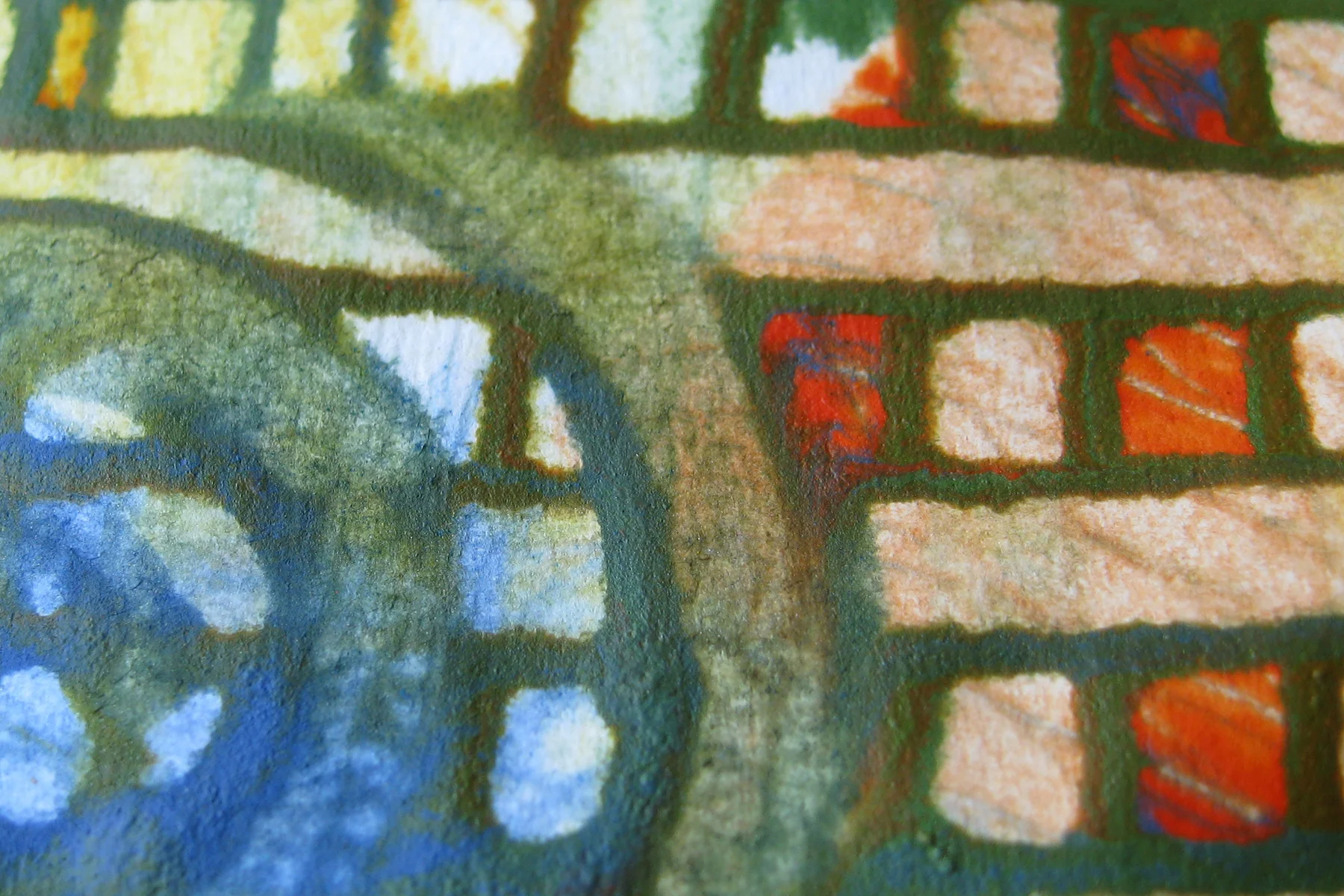 ⬆ This close up shows some of the shading and dimensional qualities that wheat paste gives the painted surface.
