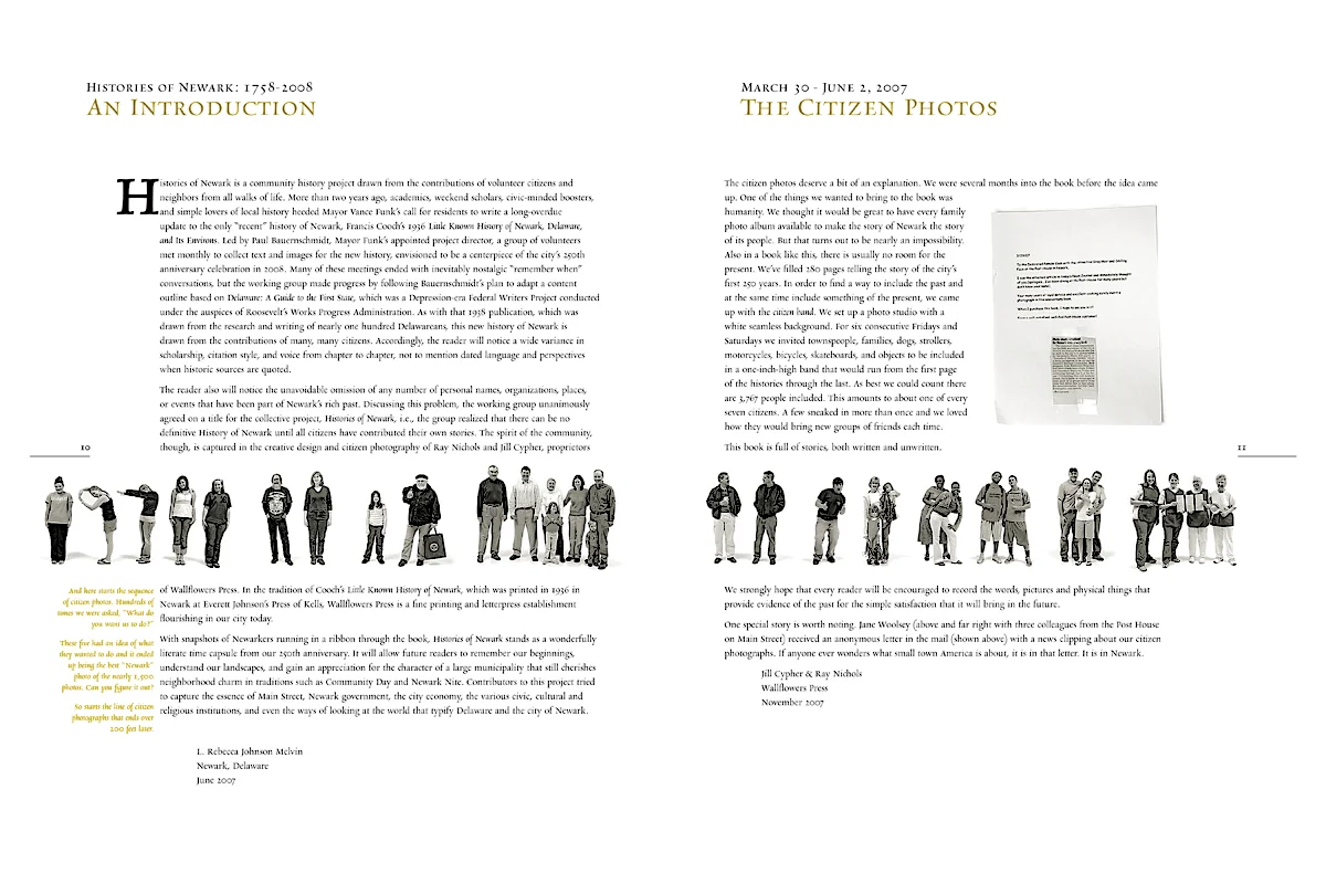 The opening spread from Histories of Newark. People would come in and we would try to get them to do something. The first five ladies on the left act out our zip code / 19711. It was their idea. We liked it and made it the first image in the "citizen band."