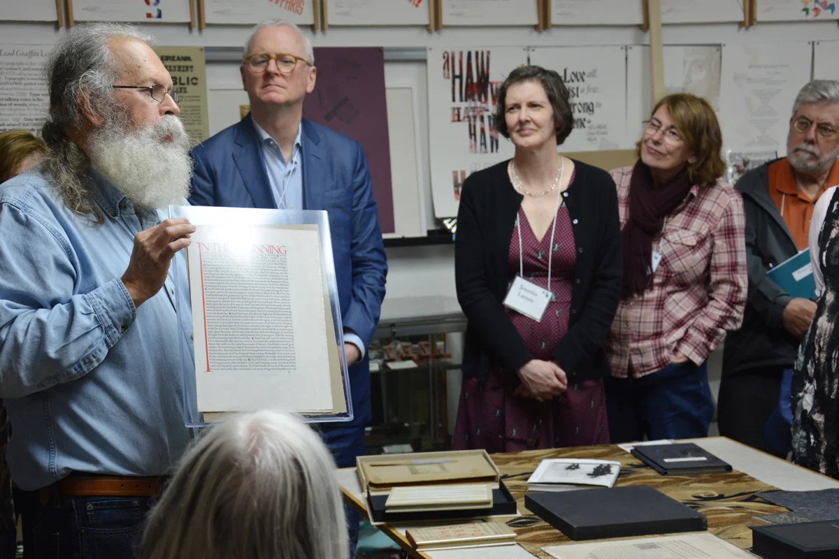 This original and unbound Genesis 1 : 1 folio sheet from the Doves Press Bible is a favorite item in the Lead Graffiti collection and a treasured 60th-birthday present to Ray from his university students. This says something both about Ray and the nature of his students.