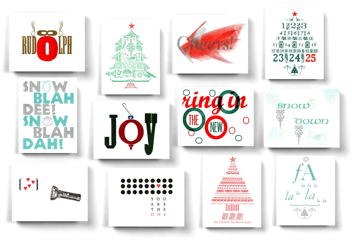 A few of our Christmas / New Years + a couple of Valentines cards done in our Holiday Card creative letterpress workshop.