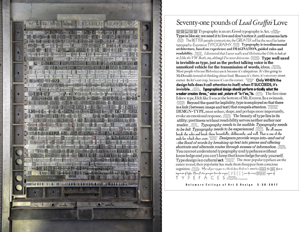 This large, all-metal type lockup (left) weighs 71 pounds. The resulting printed broadside (on the right) displays 17 different fonts from Lead Graffiti's collection.