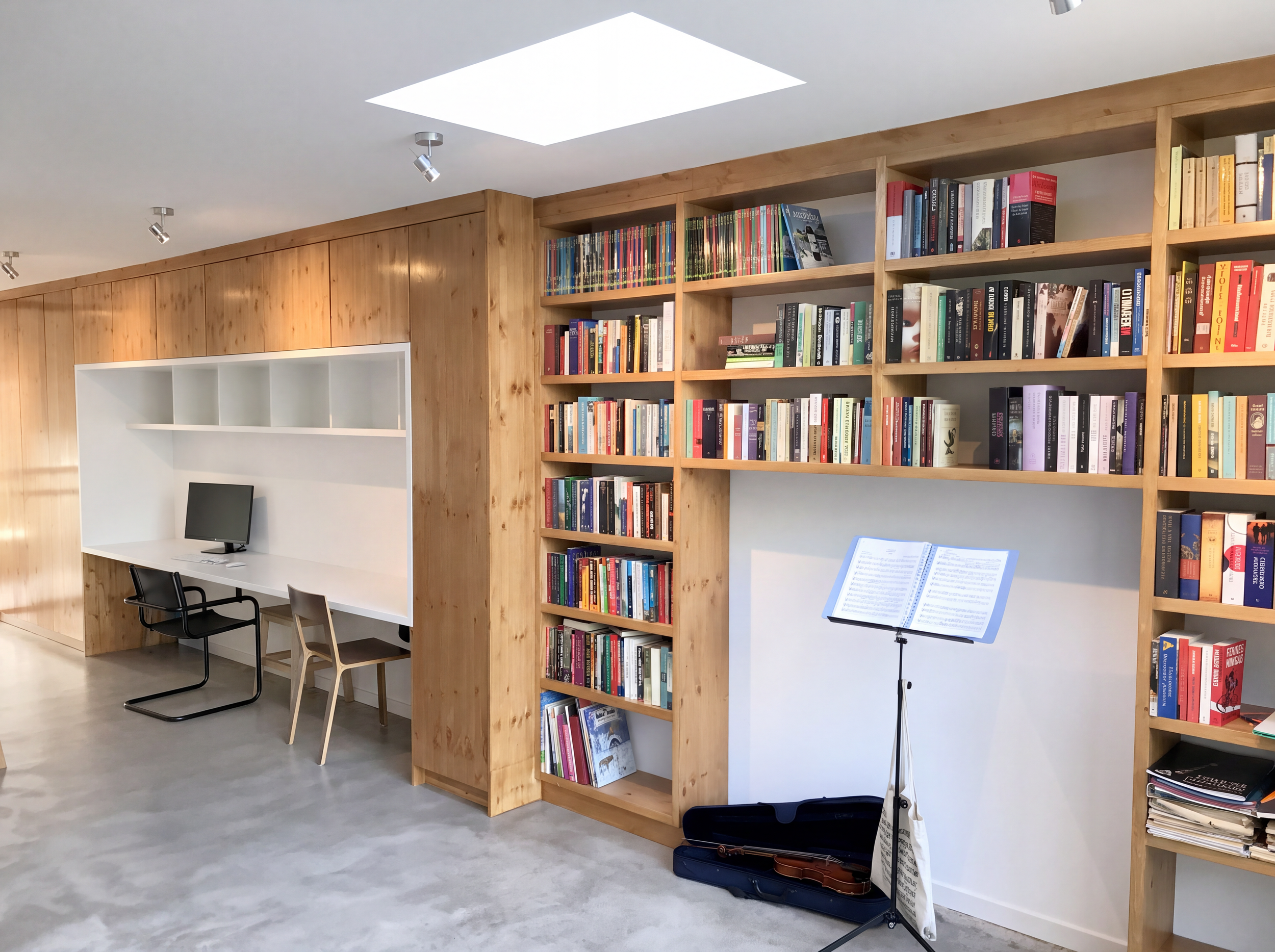 Pine wood built-in bookshelves and home office