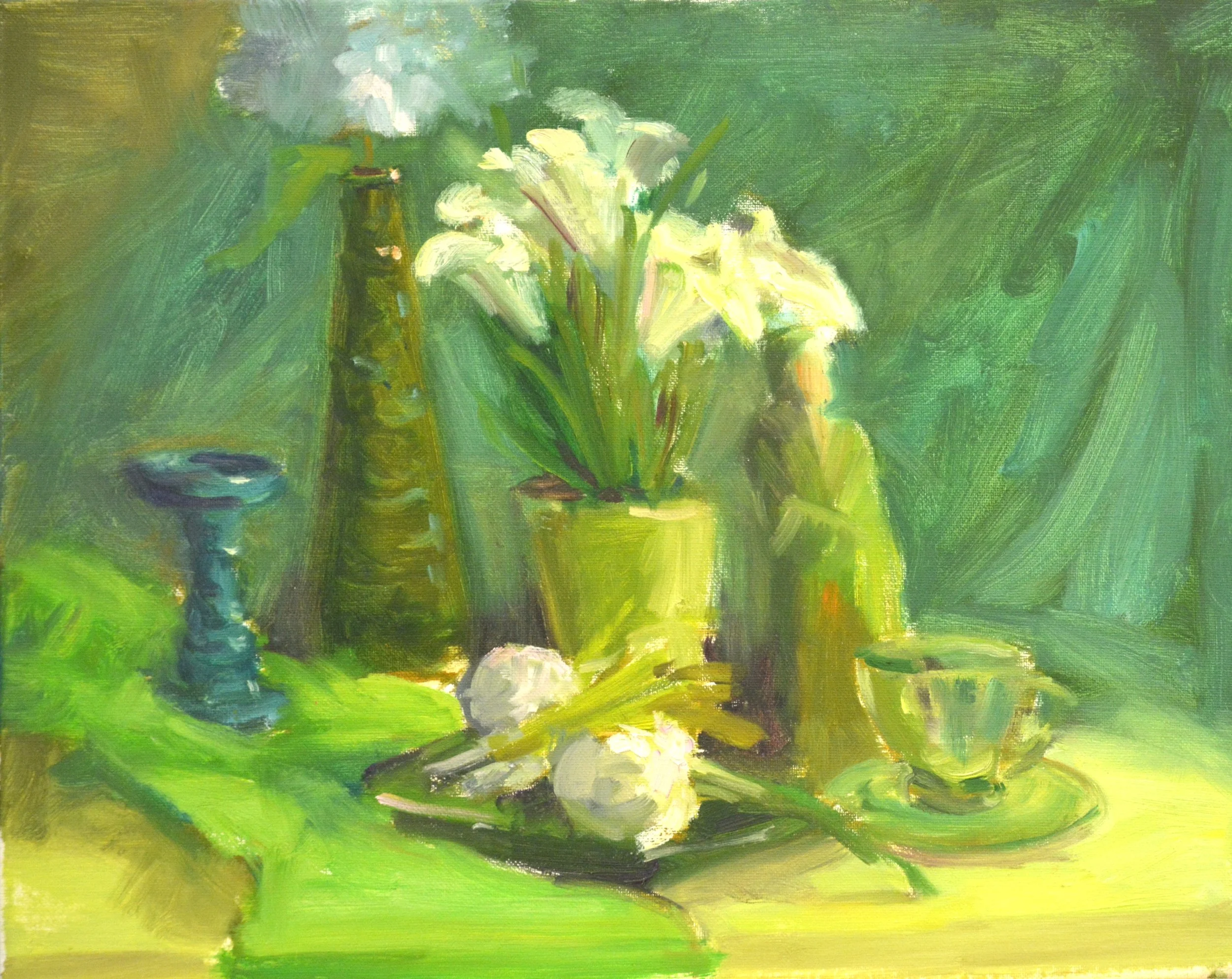 Green Statue with Vase and flowers  16 X 20   Oil.    $550