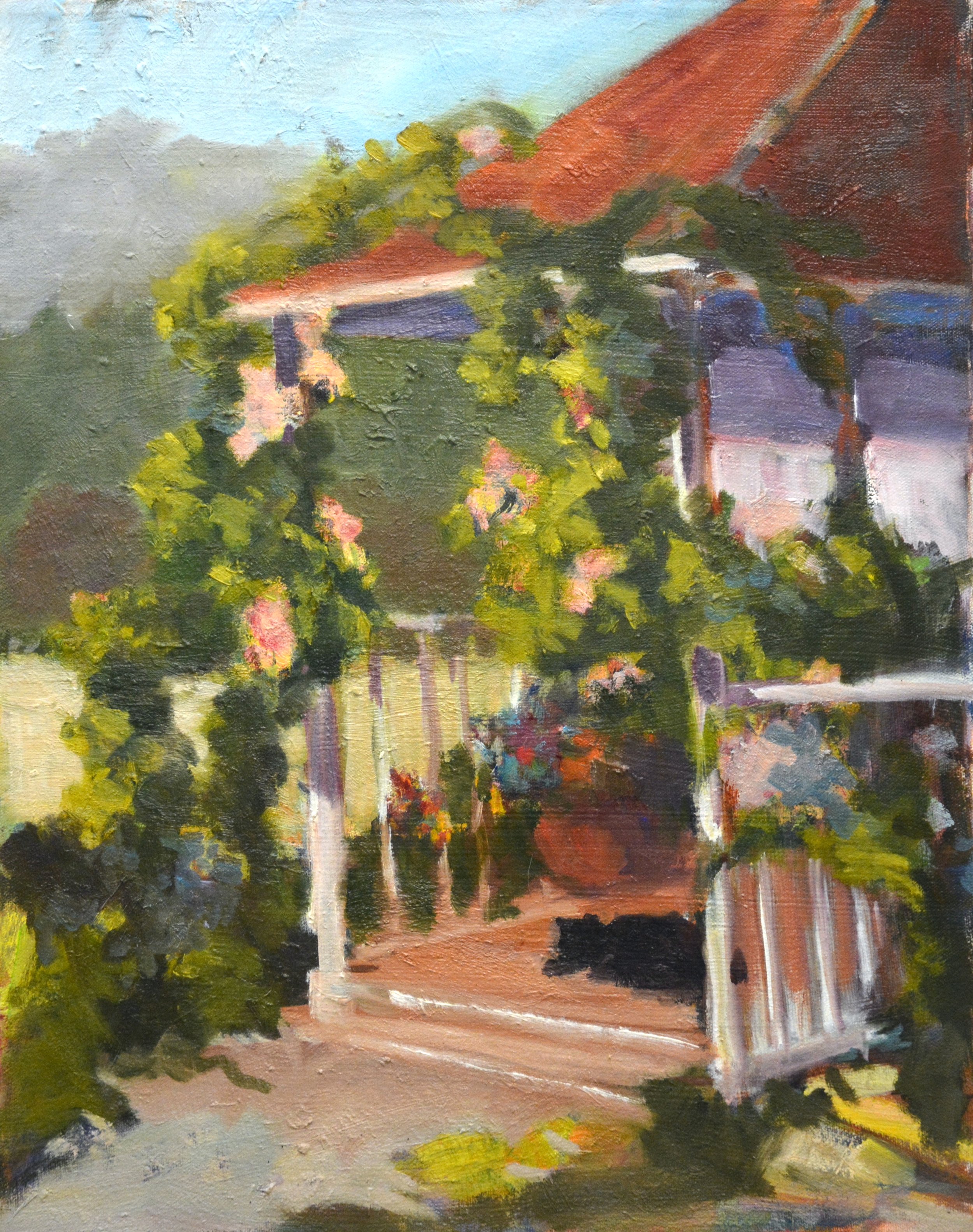 Front Porch with Black Cat  20 X 16   Oil.   $550