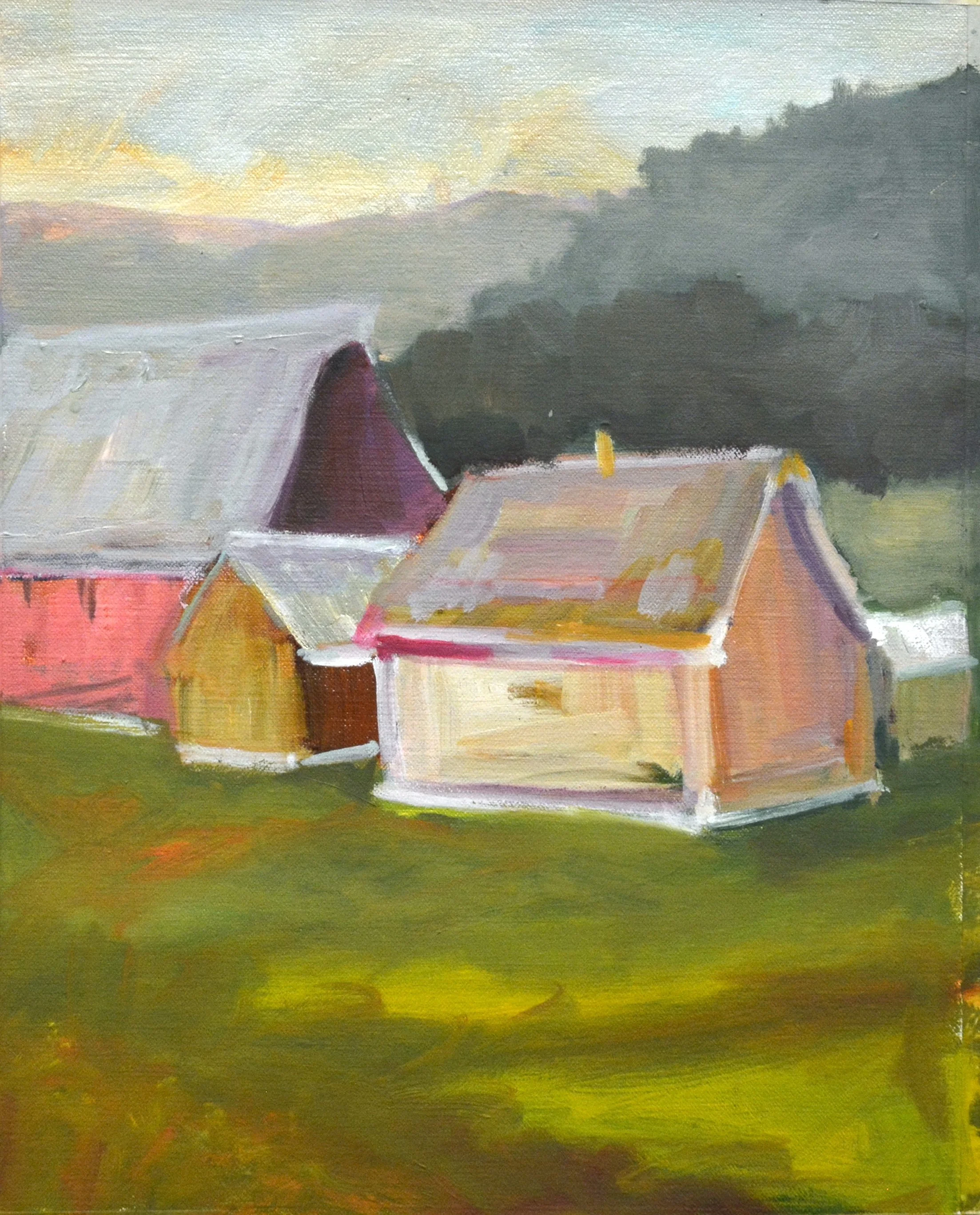 Three Barns  14 X 11  Oil.   $300
