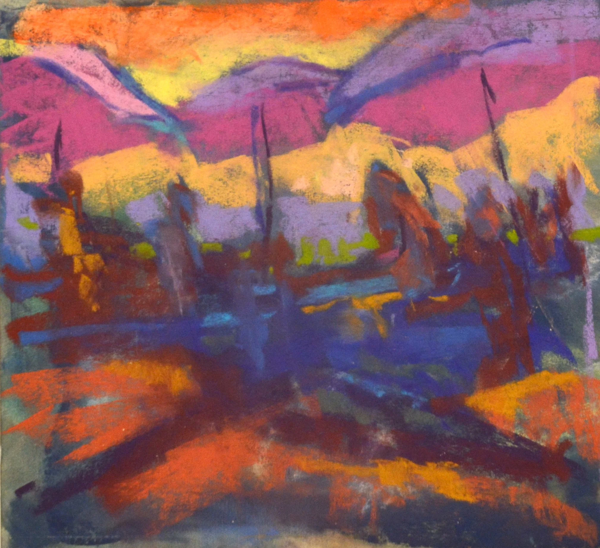 Three Purple Umbrellas.      Pastel