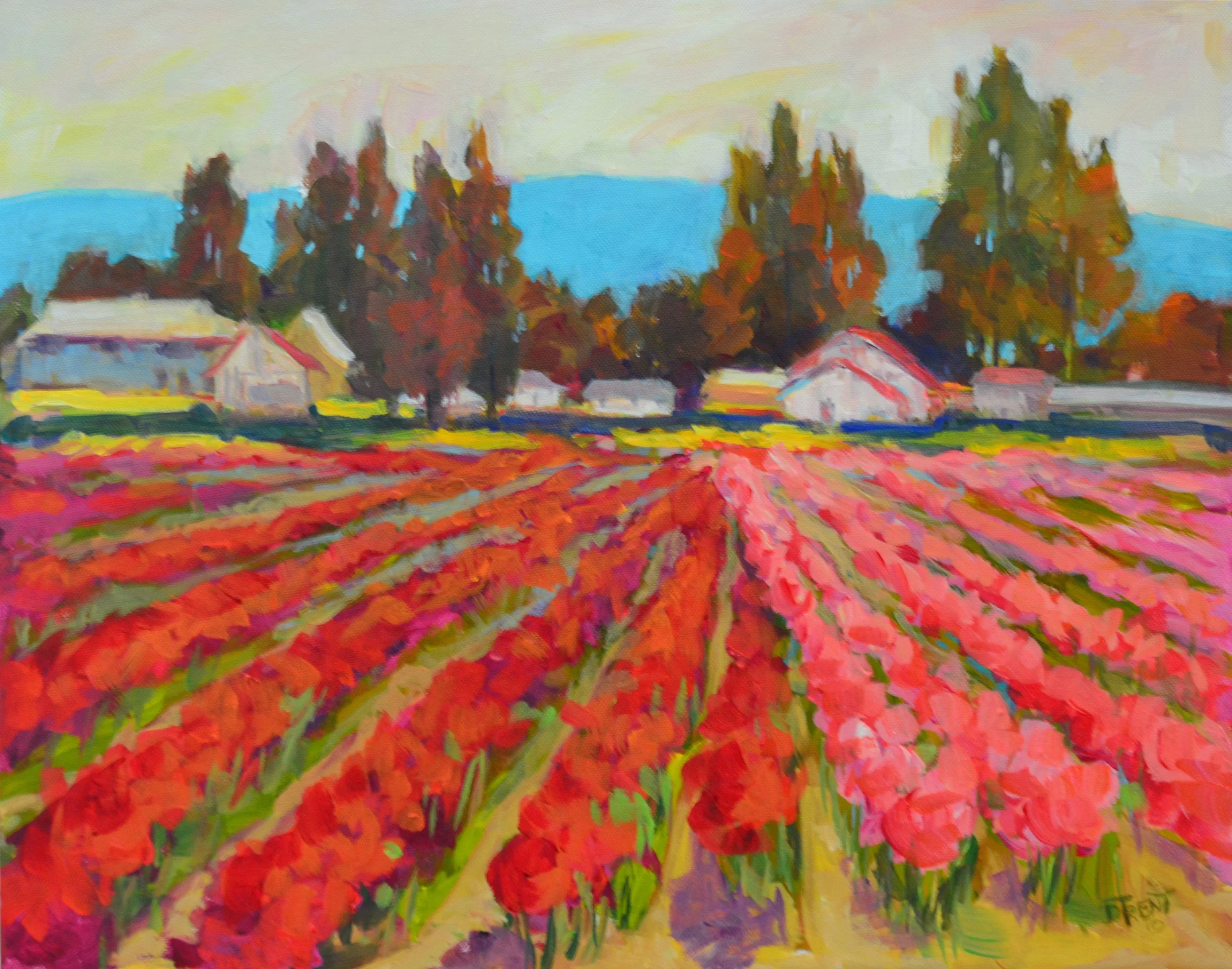 Pink and Red Tulips.    Oil