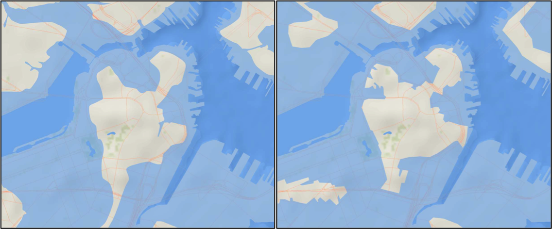 Boston coastline in 1630 (left) and predicted coastline in 2100 (right) (Metropolitan Planning Organization, MA. 2011)