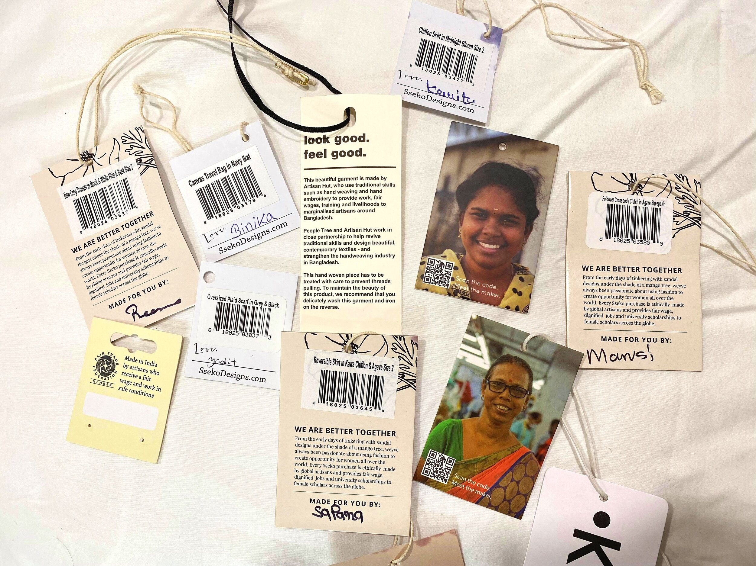 “Who made your clothes?”  A unique collection of clothing tags featuring the names of those who crafted the garment