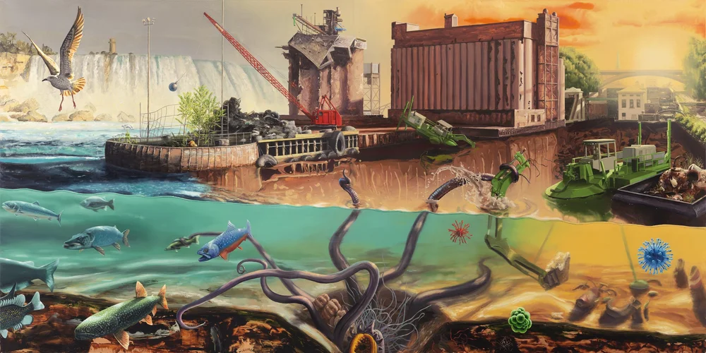  The 2017 oil and acrylic painting  Forces of Change  presents the past, present, and future. Flora and fauna become more and more sparse as the eye progresses from the left side to the right side. Specific to this painting, the center presents a Kra