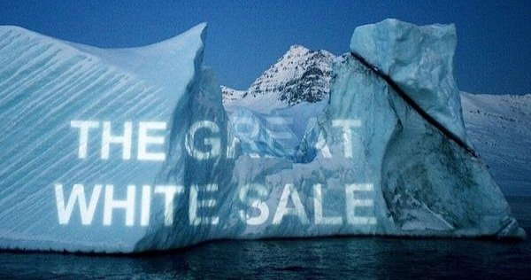  On a glacier, text is projected like advertisements on man-made infrastructure. According to the artist: “This image was made in a short window of time when the power of the video projector matches the light of dawn, when there is both message and i