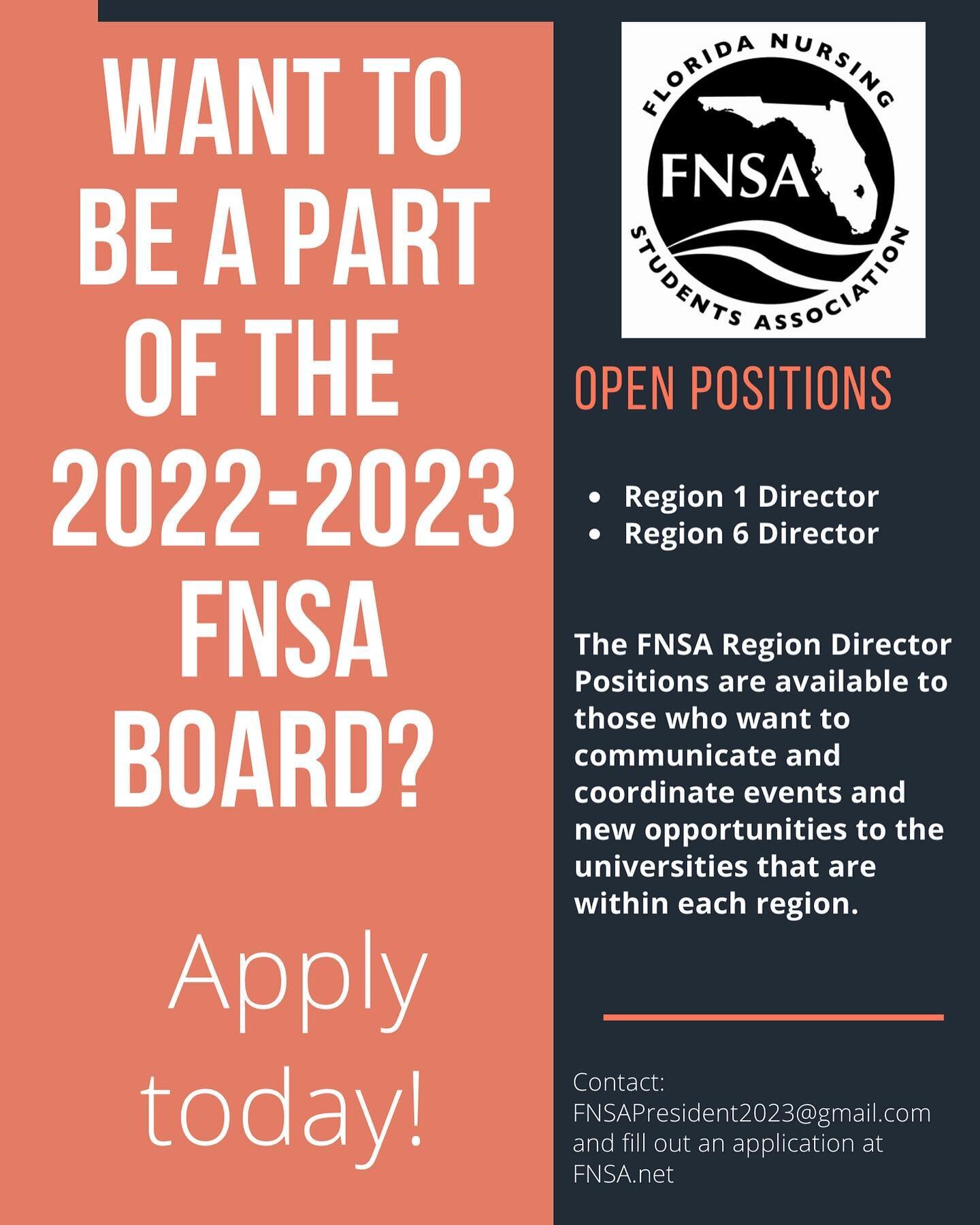 Interested in joining our 2022-2023 State board? We have 2 OPEN POSITIONS that are available to apply for TODAY! Contact our President at FNSApresident2023@gmail.com and fill out an application! Applications can be found at FNSA.net