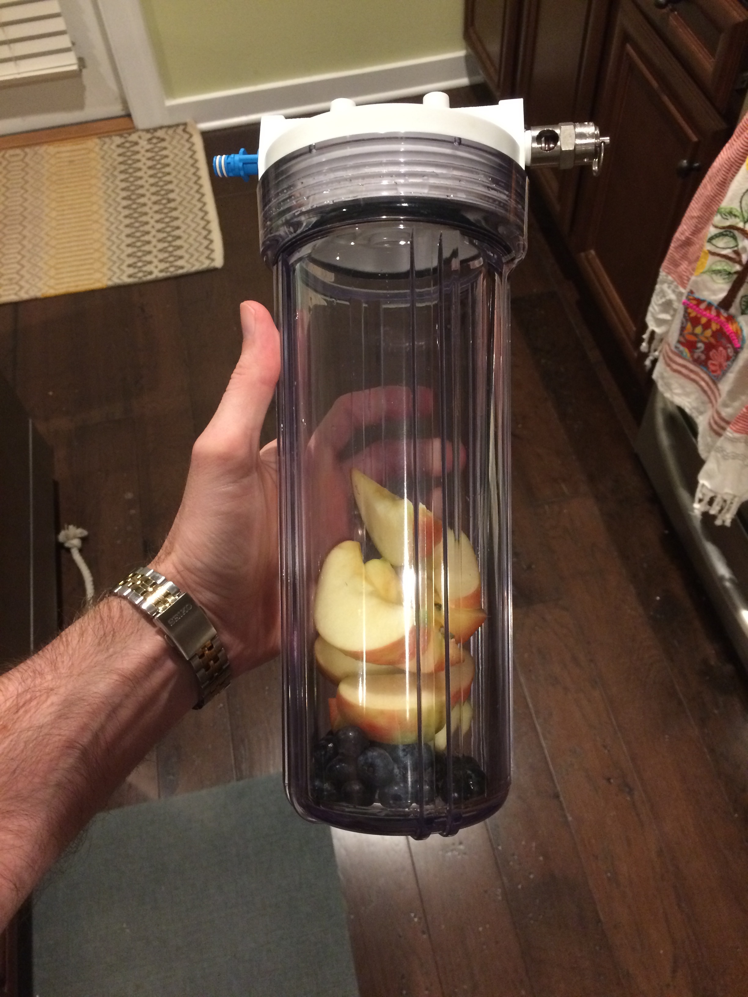  Apple slices and blueberries being carbonated. For best results, leave in the refrigerator for a few hours. 