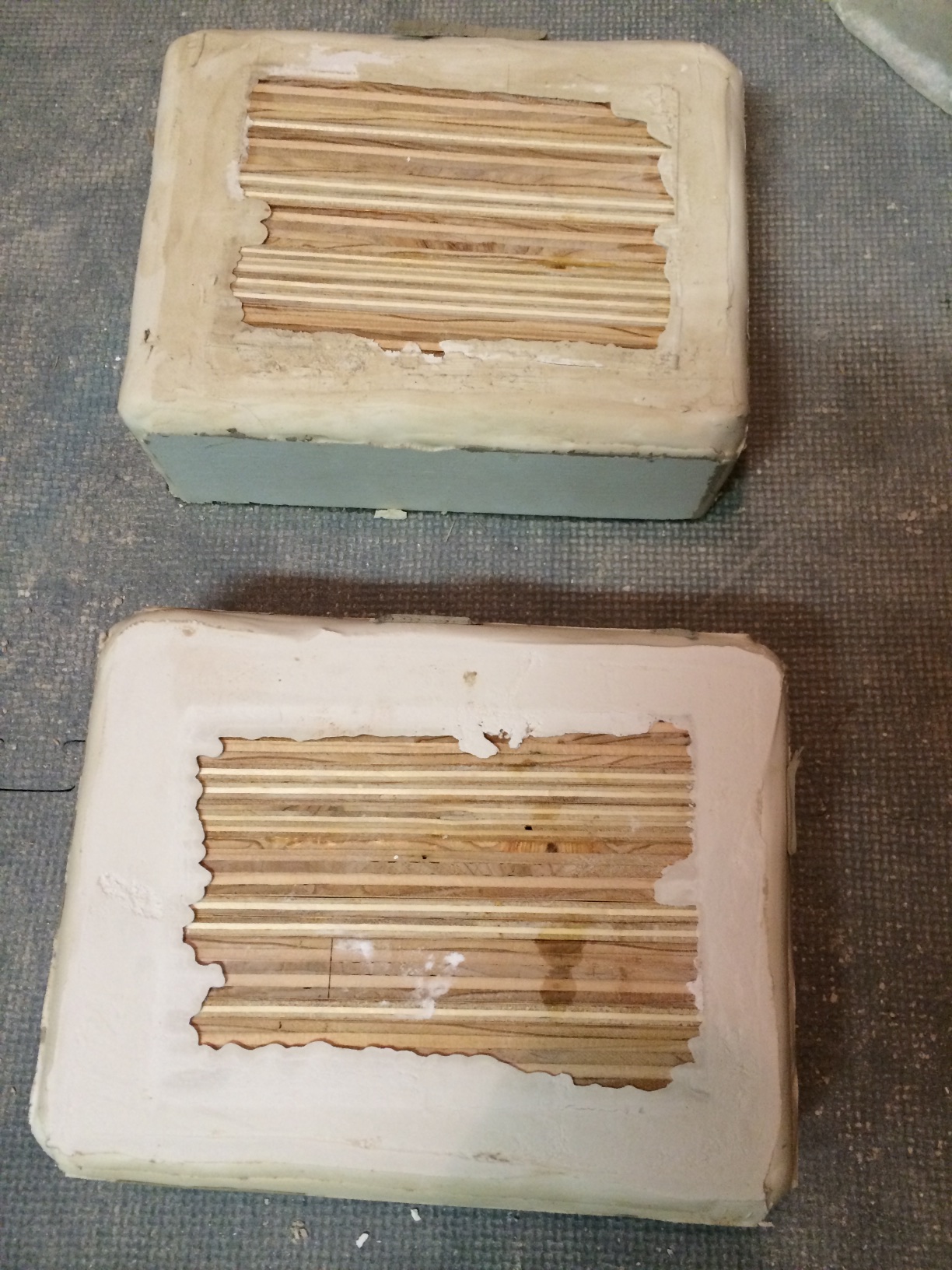  Two molds with the wooden positives still in them. Turns out it was not easy to get the positives out... 