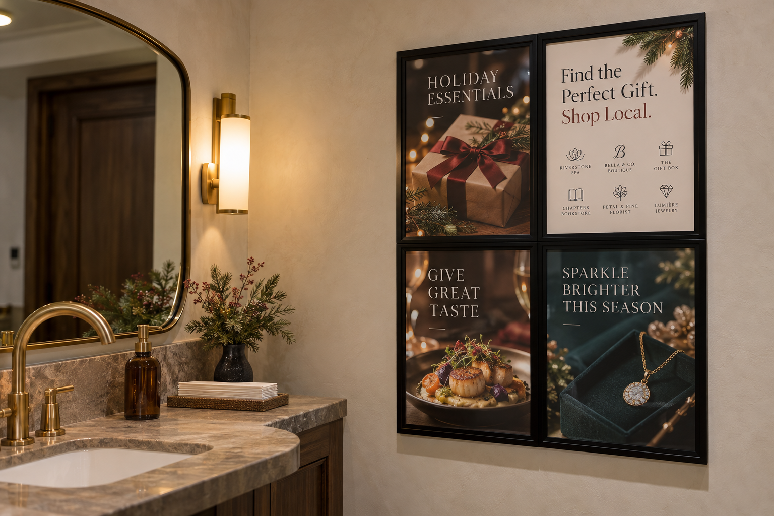 Holiday indoor billboard ads in a boutique restroom
