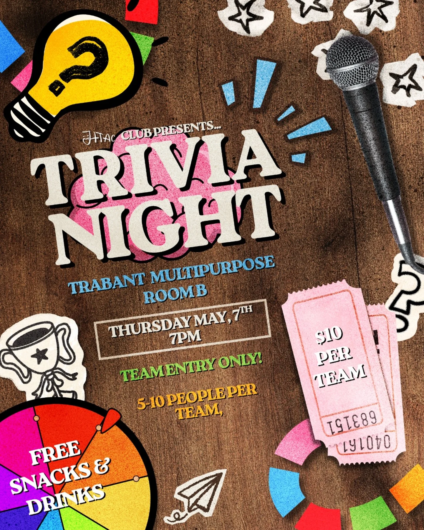 HTAC Trivia Night 🎯🎲

Think you&rsquo;ve got what it takes? Join us in Trabant Multipurpose Room B this Thursday, May 7th at 7PM.

Team entry only (5&ndash;10 people) | $10 per team | Snacks &amp; drinks on us.

Bring your crew and represent 🔥