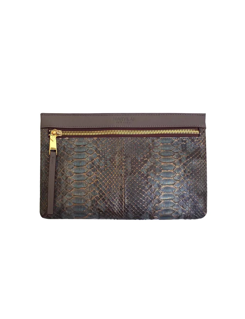 <strong>ABBOT Clutch</strong><br>Brushed Blue Python/Taupe