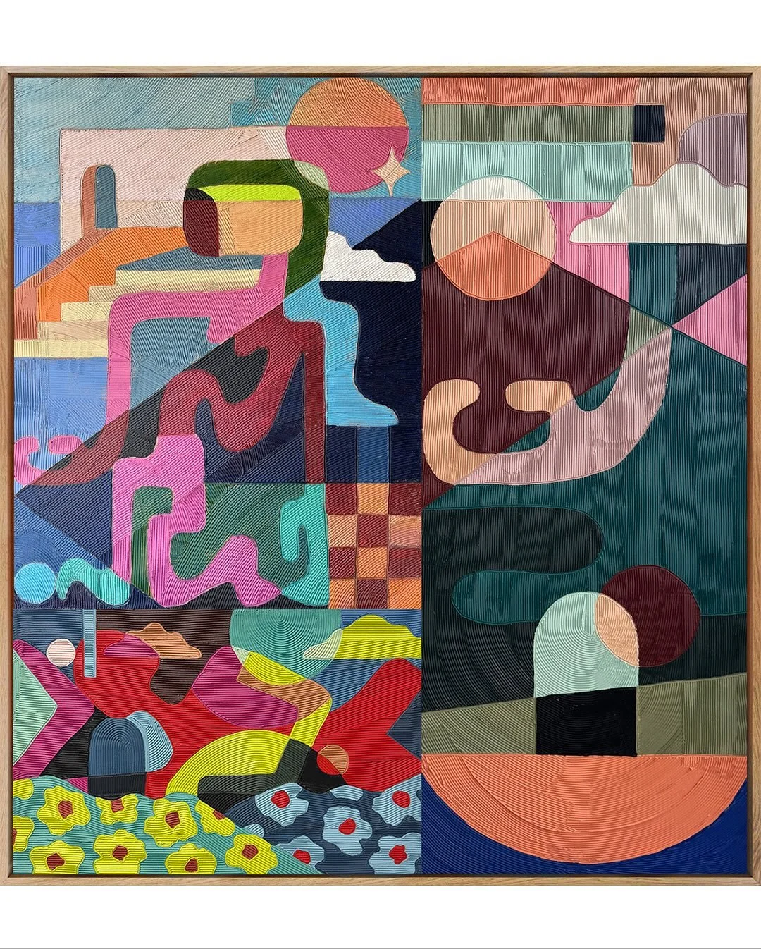 &lsquo;Come Together Point&rsquo; is made up of three different paintings.
The idea was to be like a quilt of paintings that individually have different stories and together take on a new meaning.
I brought it to a frame shop as: 1. Relecting/Looking