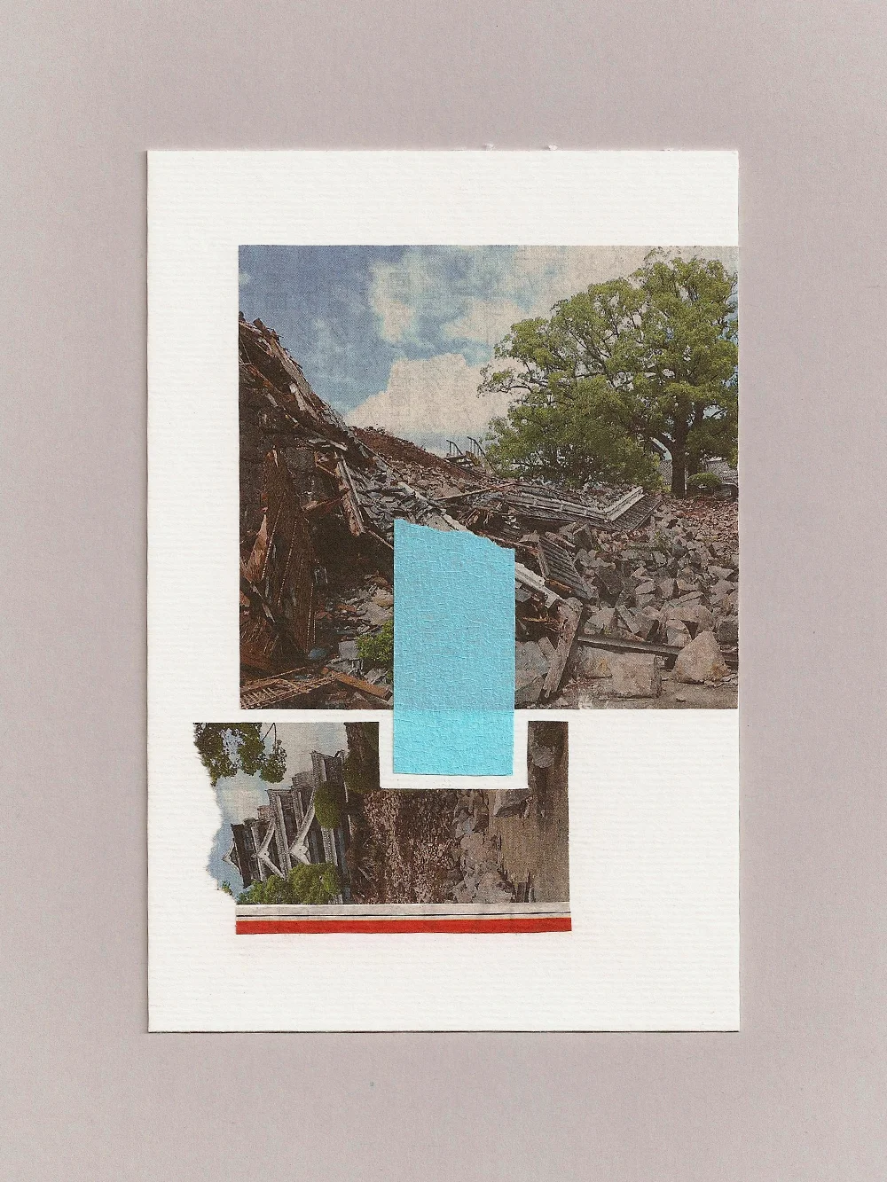 4” x 6” (shown against a gray matte) paper and newspaper scraps.