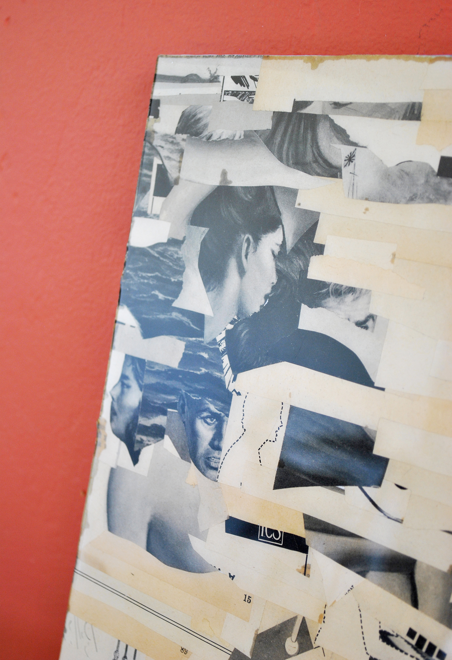 old magazine scraps on recycled particle board, coated in resin