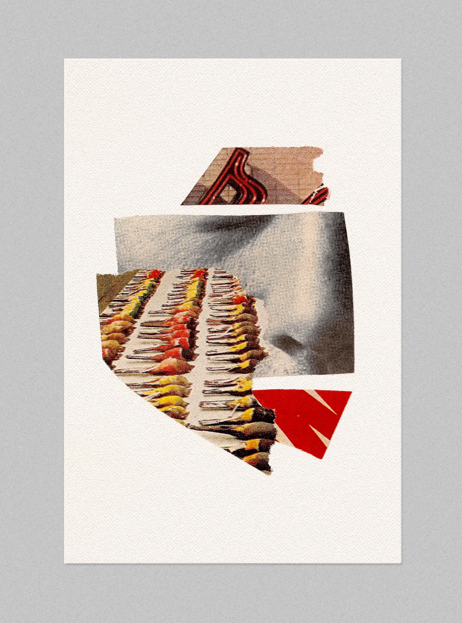 4” x 6” (shown against a grey matte), magazine scraps on paper.