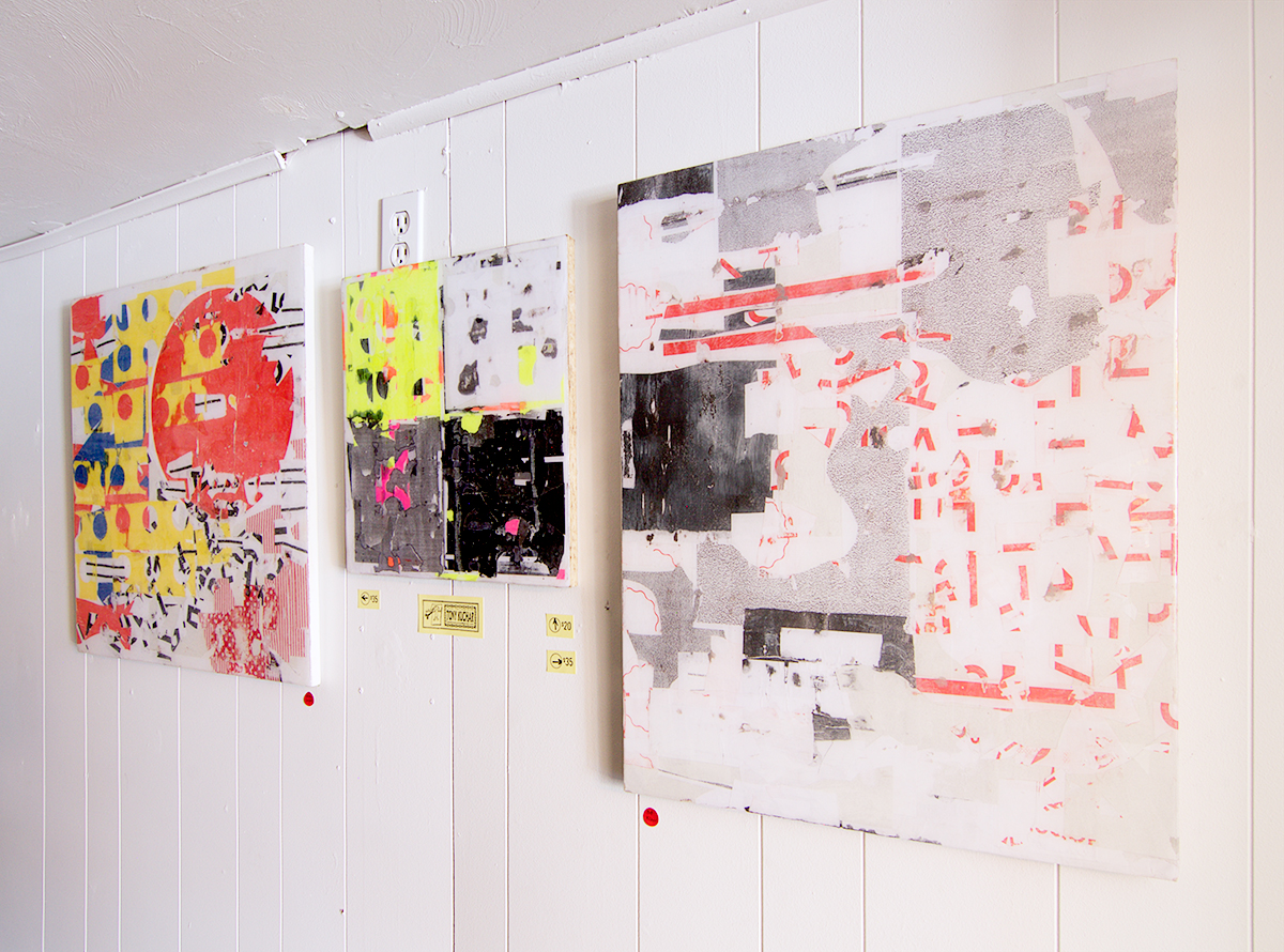 resin/particle board colored paper collages. gallery photo from PAPERWORK, a solo collage showcase. Tiny Town Surplus & Gallery Tucson, AZ. May 19-31 2017.