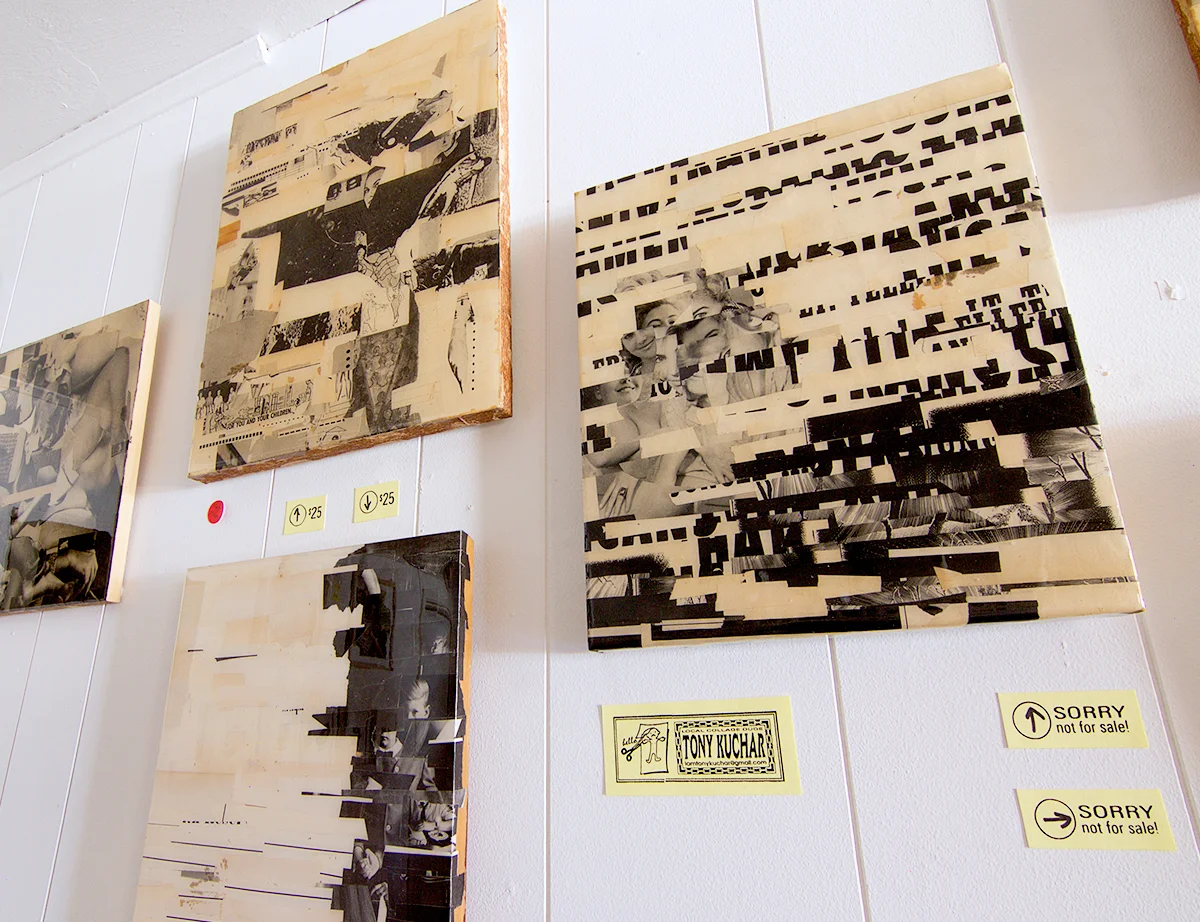 resin/particle board old magazine collages. gallery photo from PAPERWORK, a solo collage showcase. Tiny Town Surplus & Gallery Tucson, AZ. May 19-31 2017.