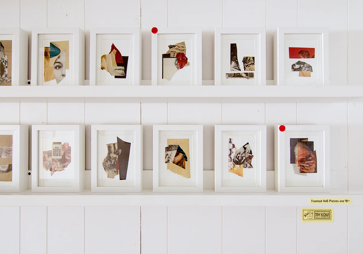 framed paper and scrap collages. gallery photo from PAPERWORK, a solo collage showcase. Tiny Town Surplus & Gallery Tucson, AZ. May 19-31 2017.