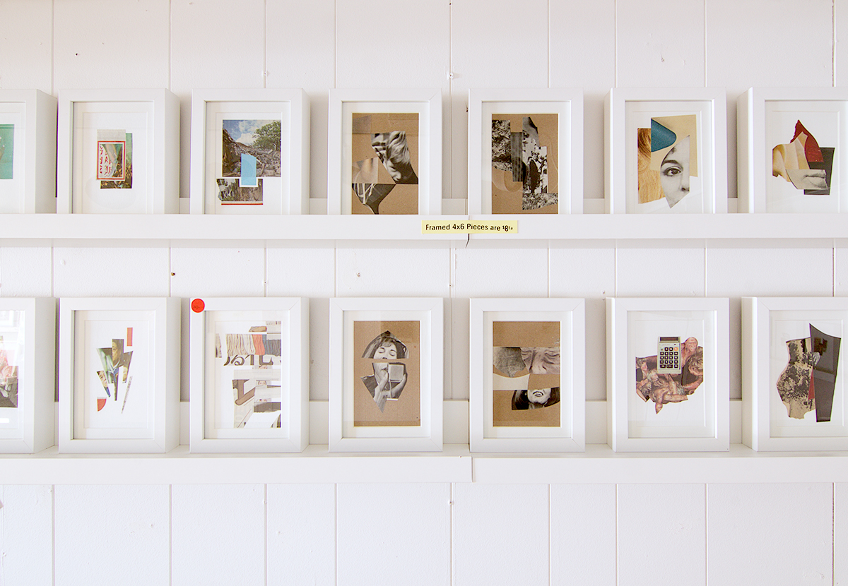 framed paper and scrap collages. gallery photo from PAPERWORK, a solo collage showcase. Tiny Town Surplus & Gallery Tucson, AZ. May 19-31 2017.