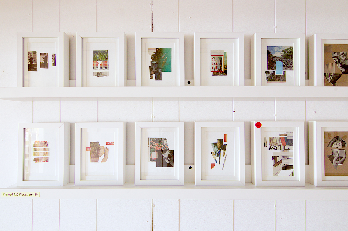 framed paper and scrap collages. gallery photo from PAPERWORK, a solo collage showcase. Tiny Town Surplus & Gallery Tucson, AZ. May 19-31 2017.