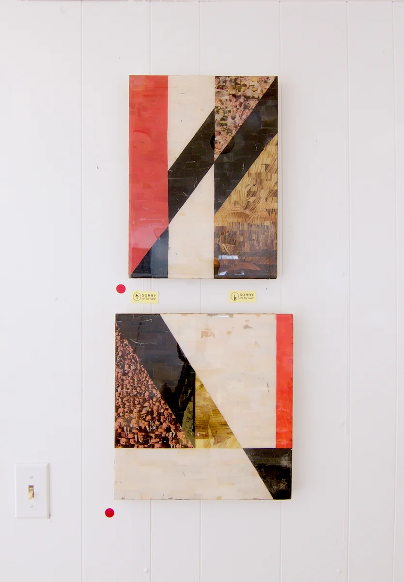 resin/particle board old magazine collages. gallery photo from PAPERWORK, a solo collage showcase. Tiny Town Surplus & Gallery Tucson, AZ. May 19-31 2017.