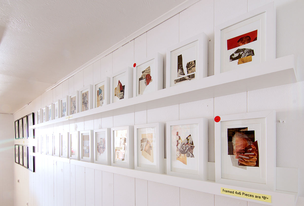 framed paper and scrap collages. gallery photo from PAPERWORK, a solo collage showcase. Tiny Town Surplus & Gallery Tucson, AZ. May 19-31 2017.