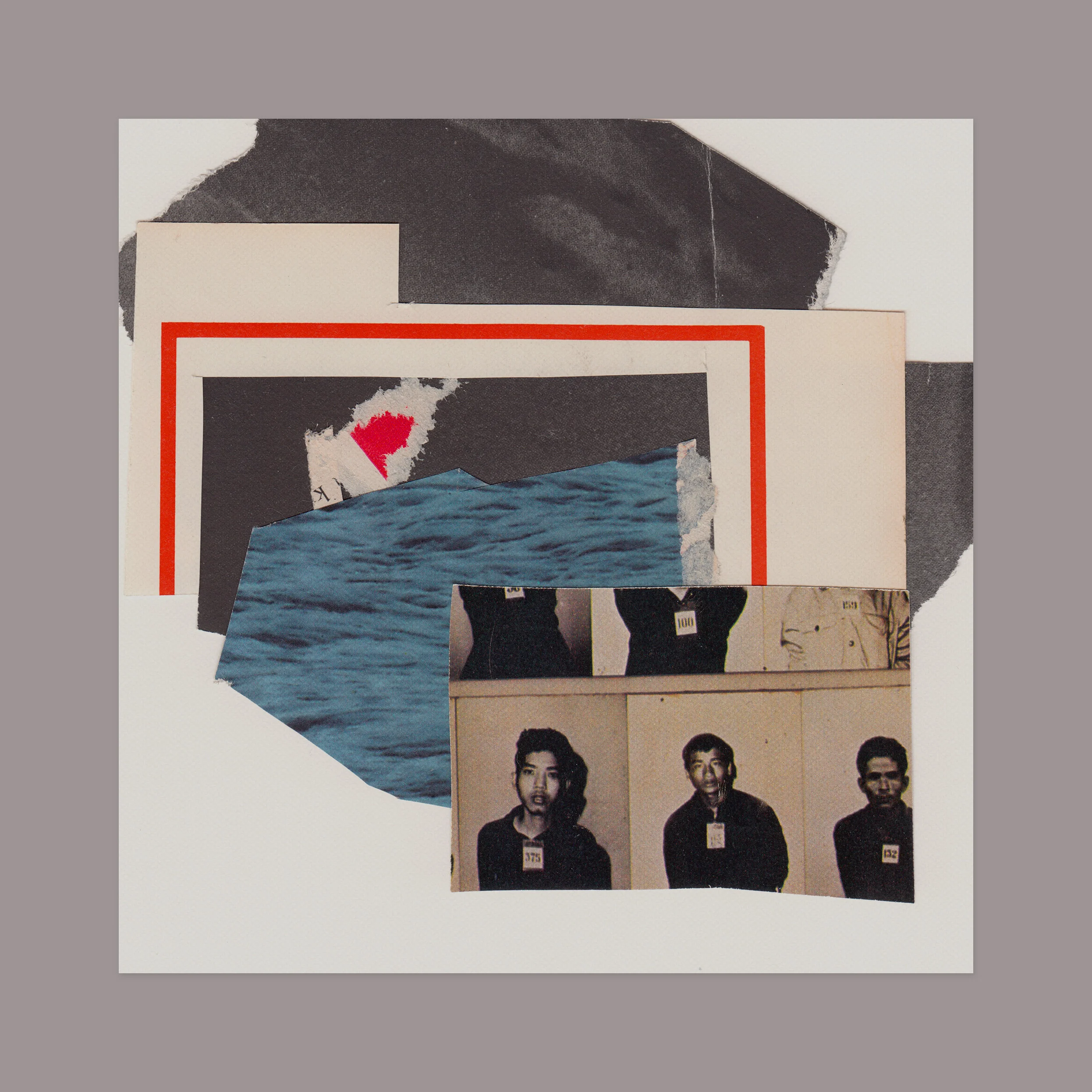 Preliminary collage for a booklet. 12” x 12” (shown against a grey matte), magazine scraps on paper.