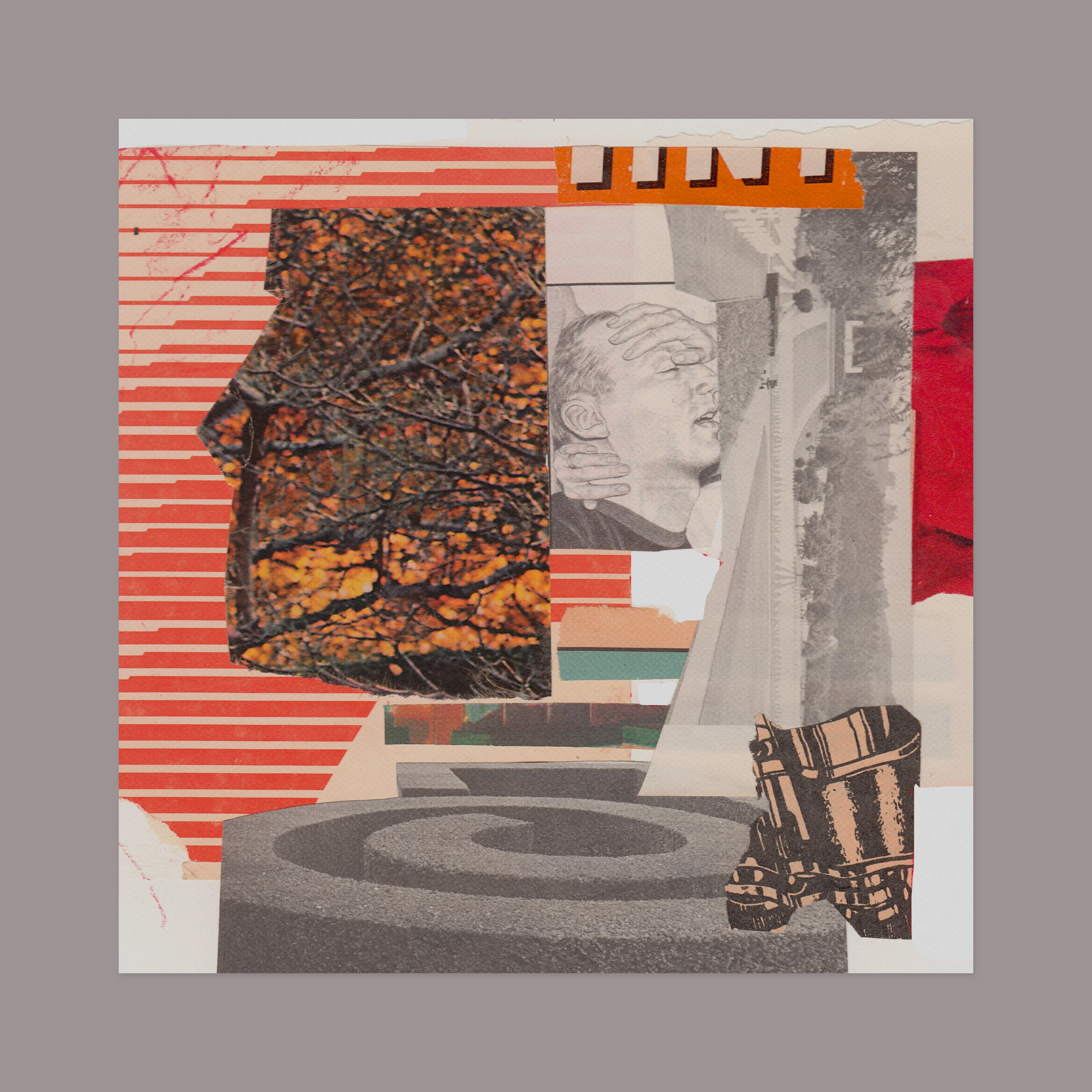 Preliminary collage for a booklet. 12” x 12” (shown against a grey matte), magazine scraps on paper.