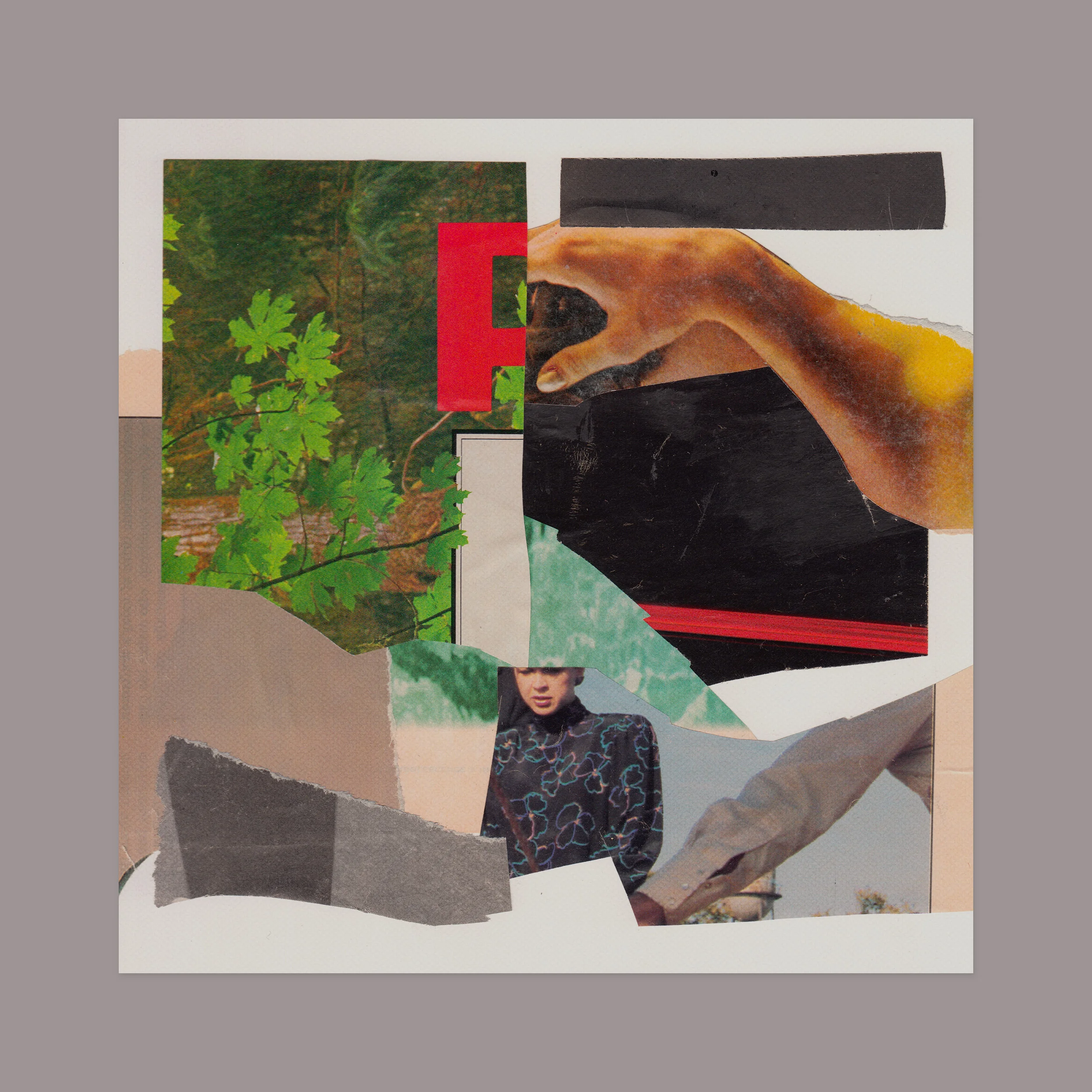 Preliminary collage for a booklet. 12” x 12” (shown against a grey matte), magazine scraps on paper.