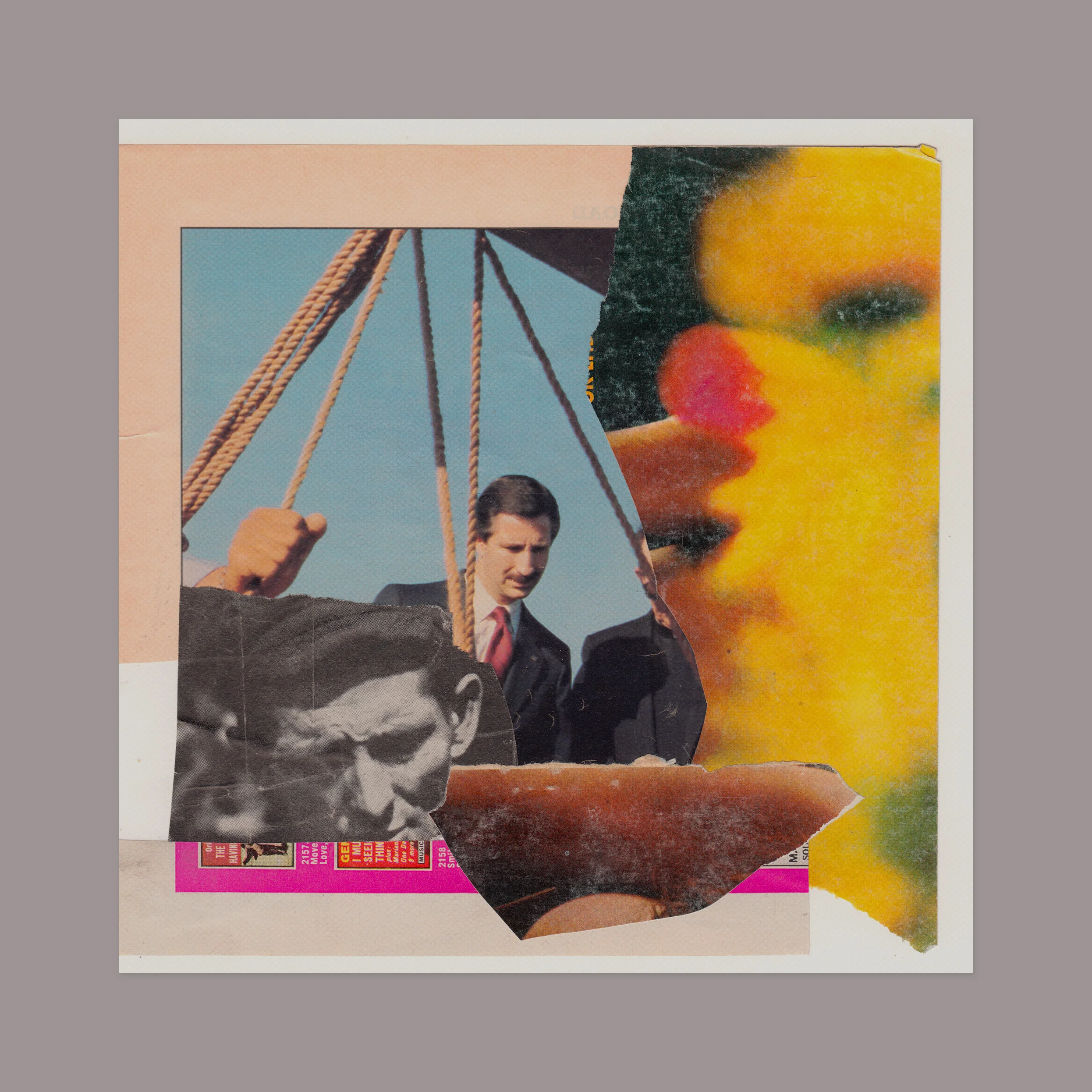 Preliminary collage for a booklet. 12” x 12” (shown against a grey matte), magazine scraps on paper.