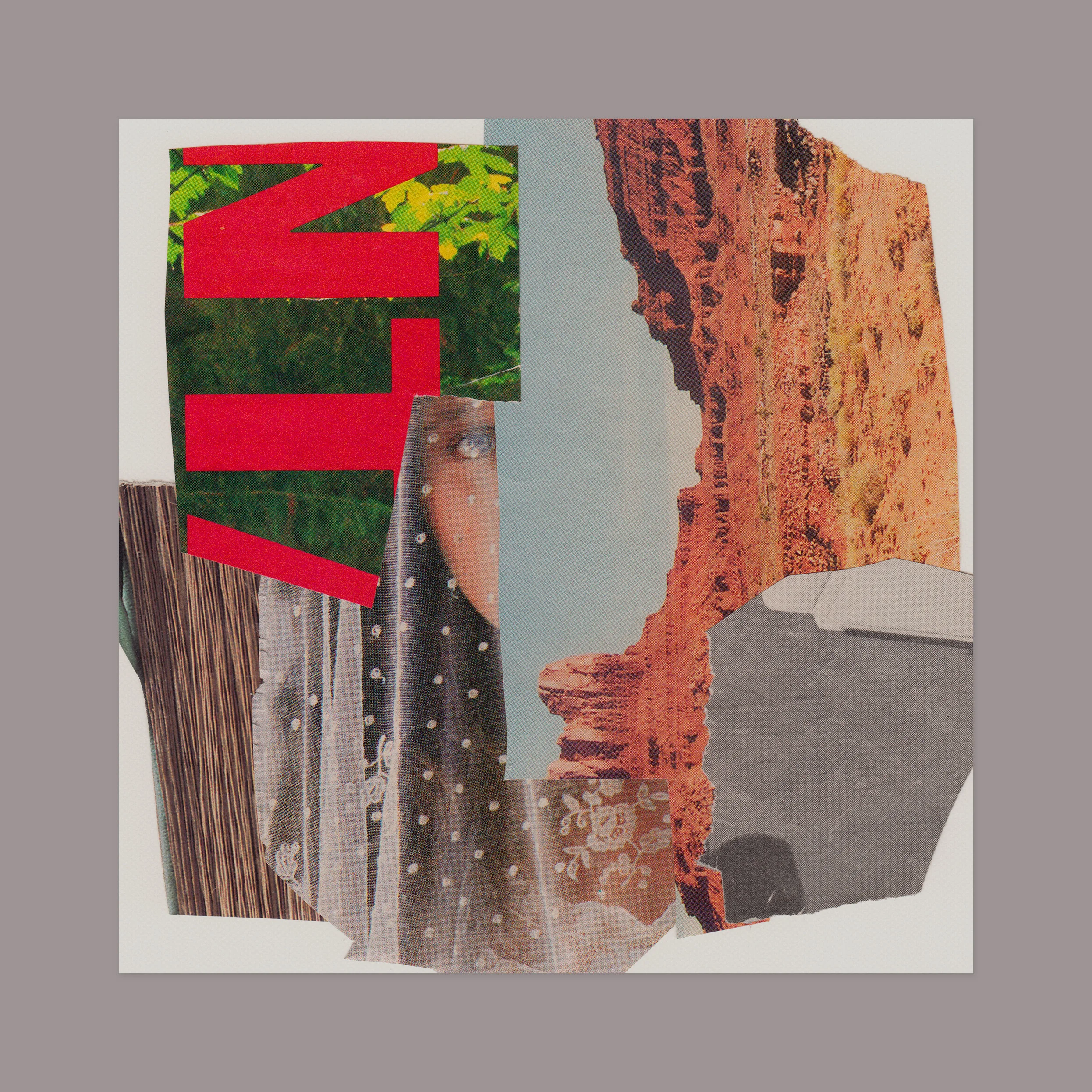Preliminary collage for a booklet. 12” x 12” (shown against a grey matte), magazine scraps on paper.