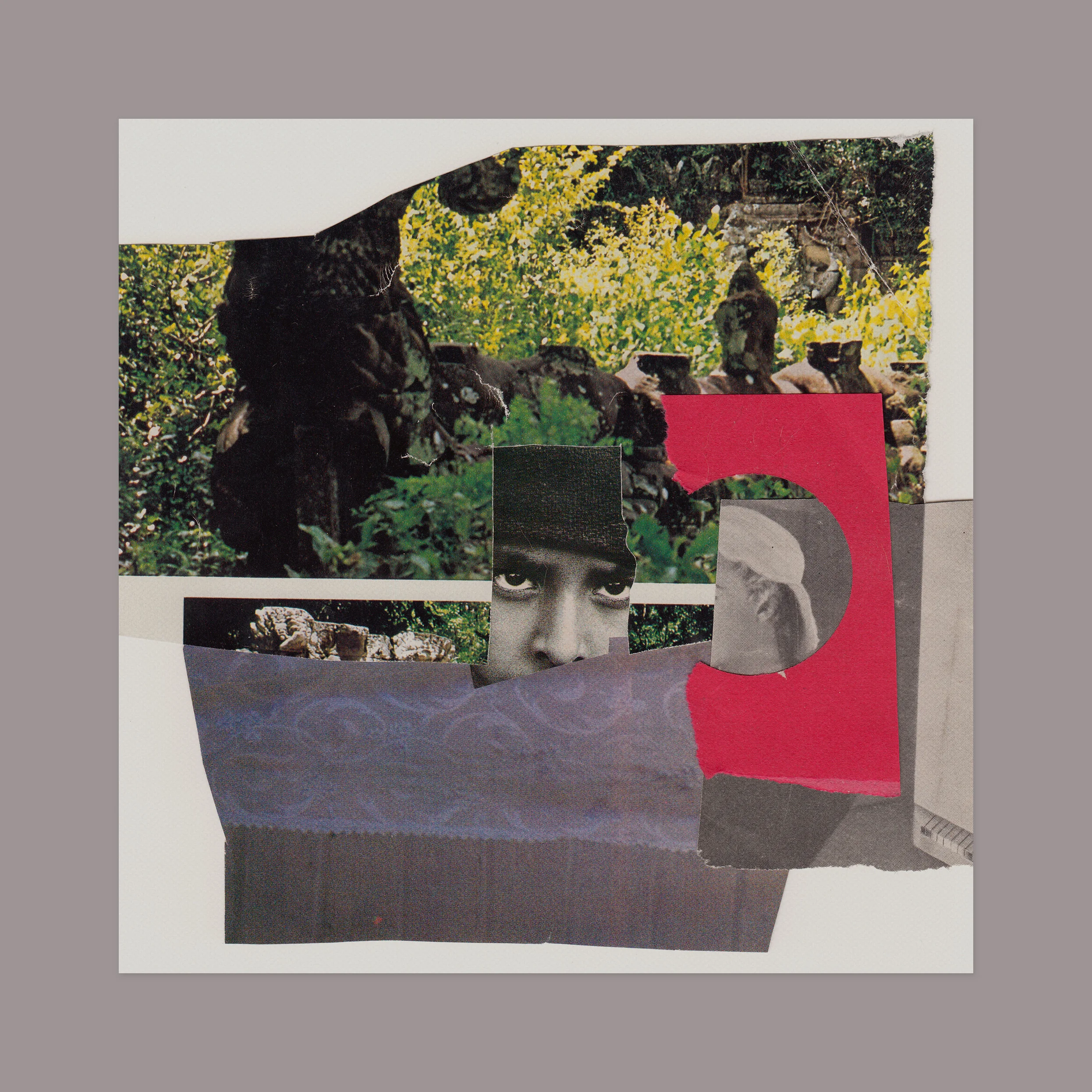 Preliminary collage for a booklet. 12” x 12” (shown against a grey matte), magazine scraps on paper.