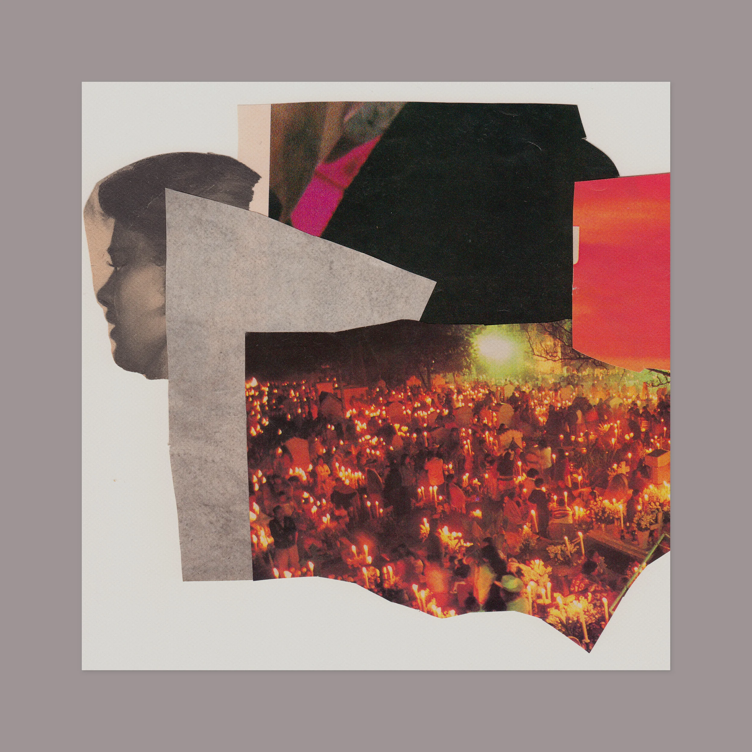 Preliminary collage for a booklet. 12” x 12” (shown against a grey matte), magazine scraps on paper.