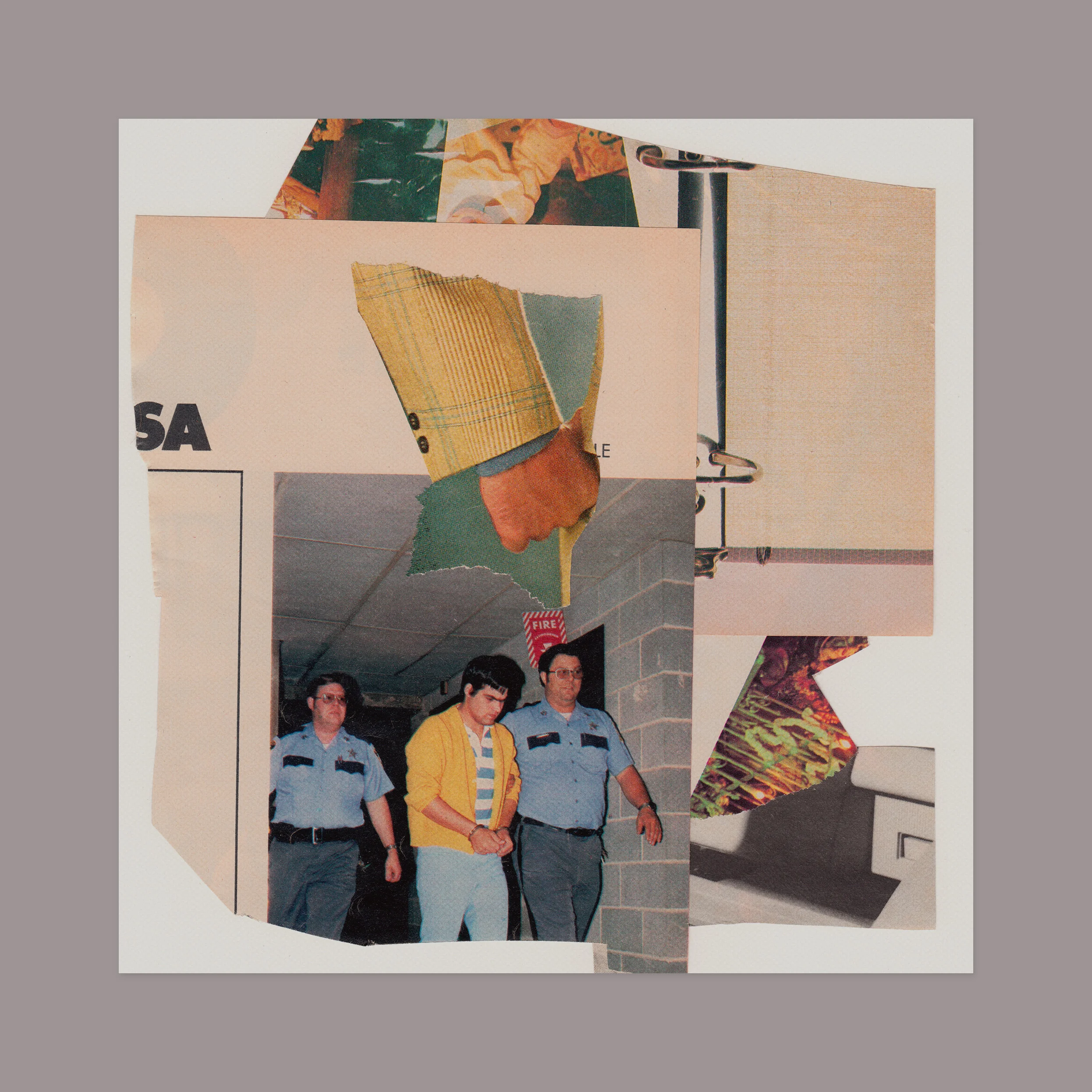 Preliminary collage for a booklet. 12” x 12” (shown against a grey matte), magazine scraps on paper.