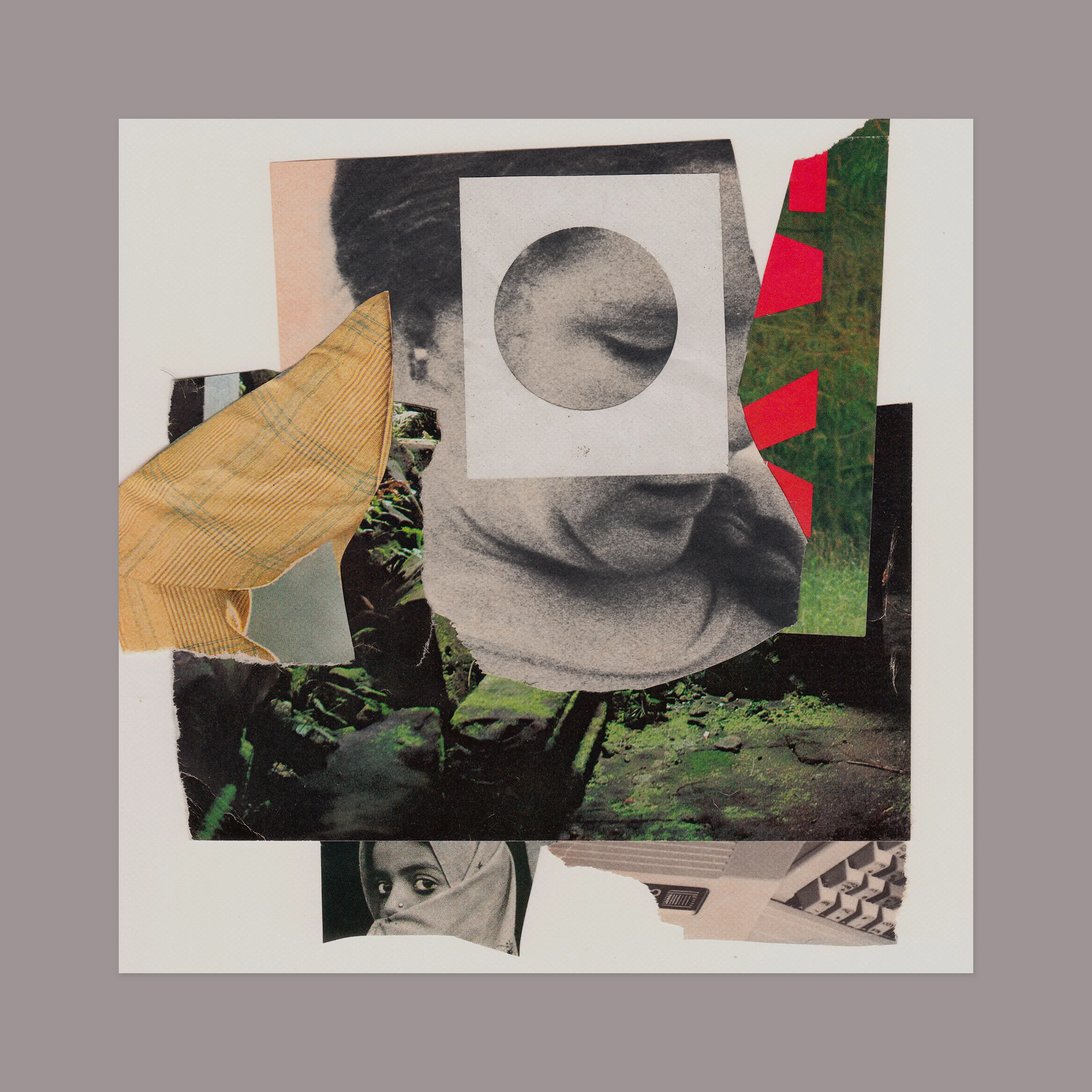 Preliminary collage for a booklet. 12” x 12” (shown against a grey matte), magazine scraps on paper.