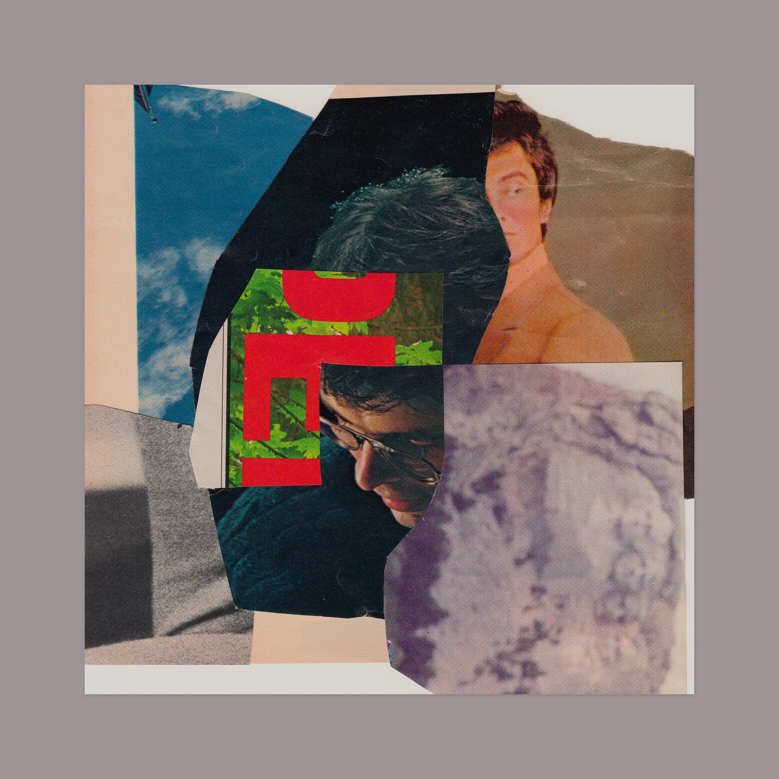 Preliminary collage for a booklet. 12” x 12” (shown against a grey matte), magazine scraps on paper.